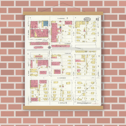 Old map wall art mockup — magnetic wood frame on brick wall — Sanborn Fire Insurance Map from Herrin, Williamson County, Illinois (1922), Sheet #0012