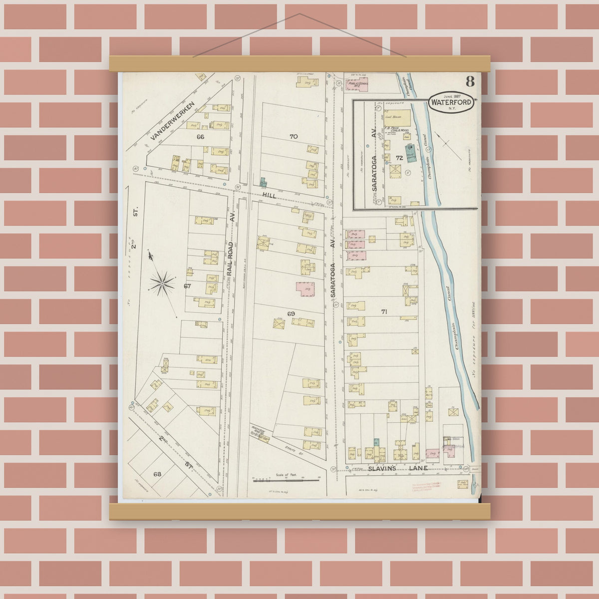 Old map wall art mockup — magnetic wood frame on brick wall — Sanborn Fire Insurance Map from Waterford, Saratoga County, New York (1887), Sheet #0008