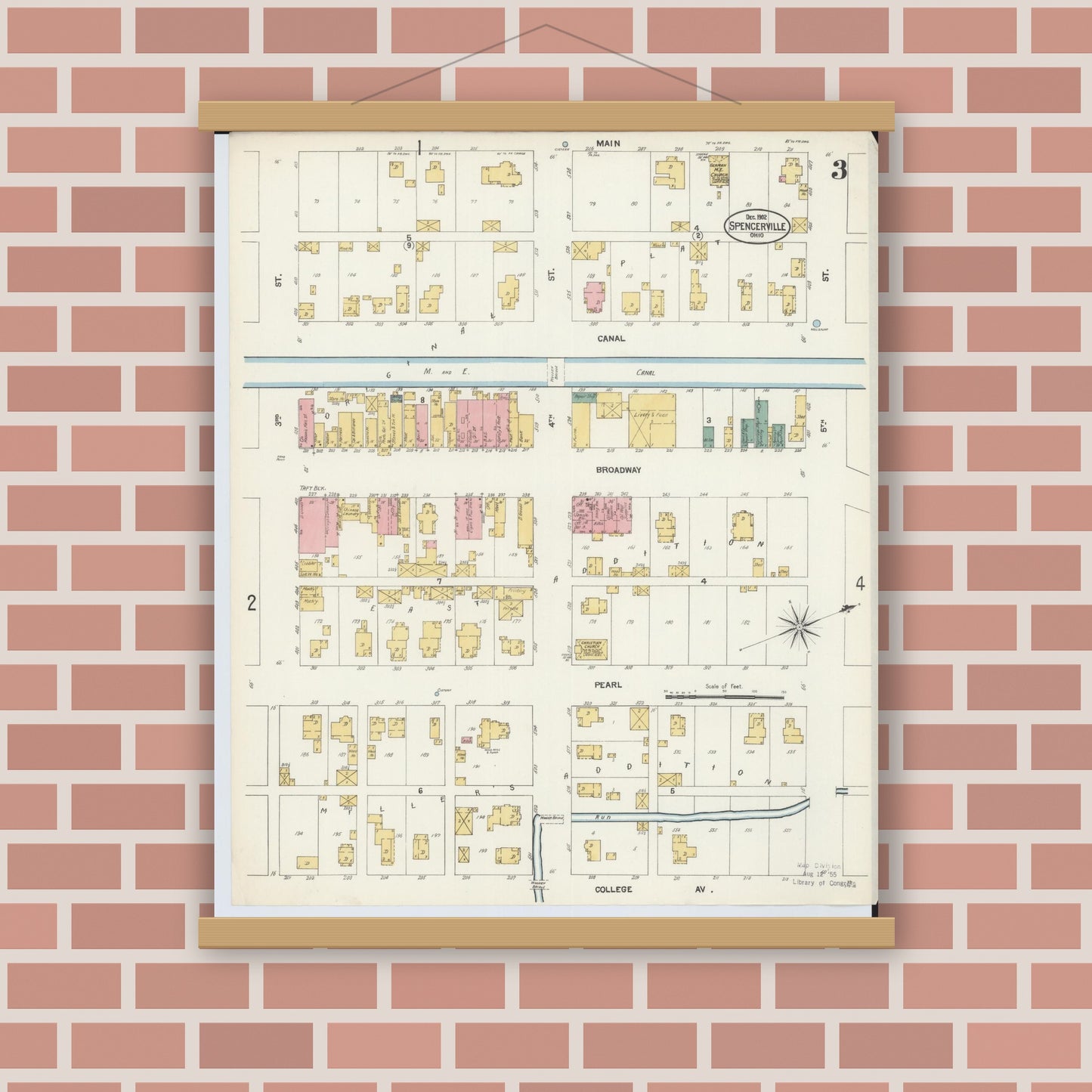 Old map wall art mockup — magnetic wood frame on brick wall — Sanborn Fire Insurance Map from Spencerville, Allen County, Ohio (1902), Sheet #0003