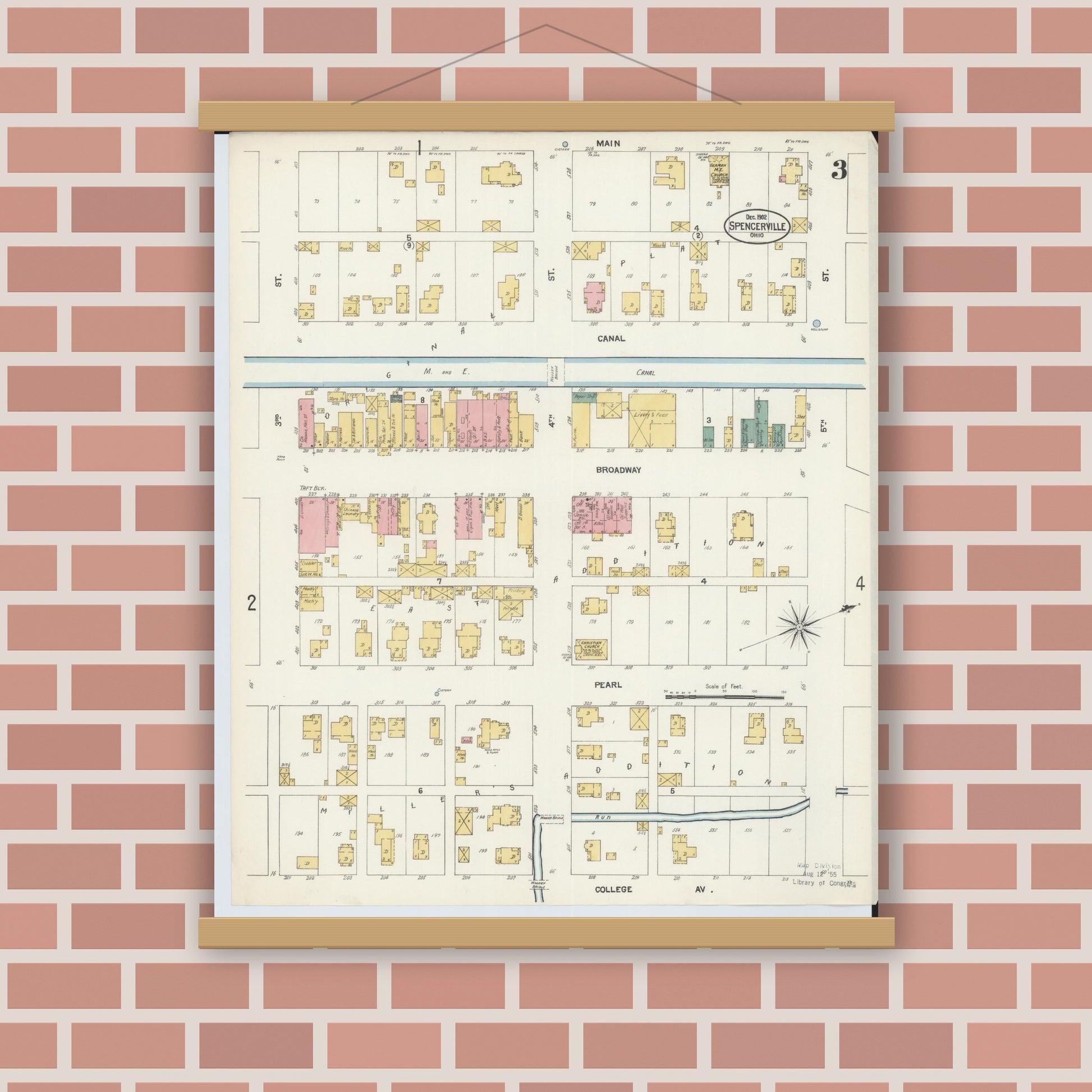 Old map wall art mockup — magnetic wood frame on brick wall — Sanborn Fire Insurance Map from Spencerville, Allen County, Ohio (1902), Sheet #0003