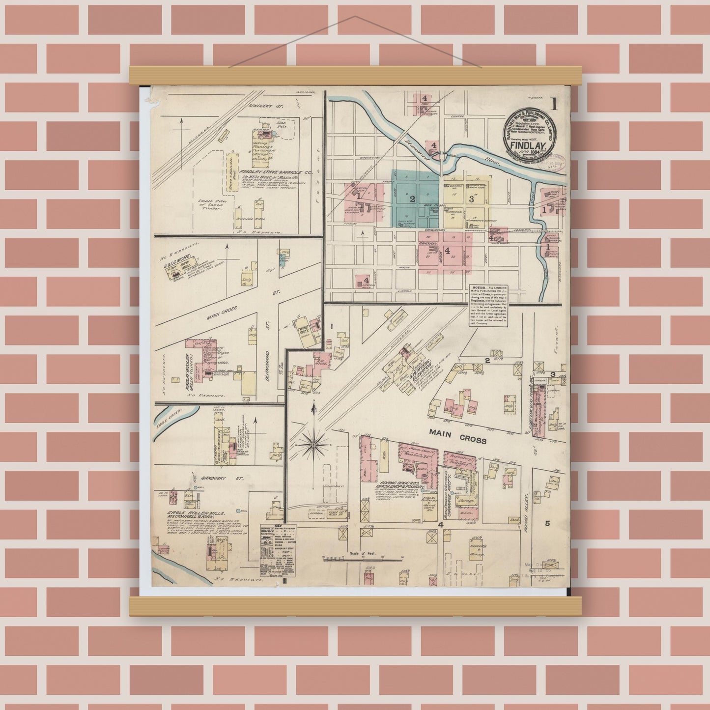 Old map wall art mockup — magnetic wood frame on brick wall — Sanborn Fire Insurance Map from Findlay, Hancock County, Ohio (1884) - Complete Map Set