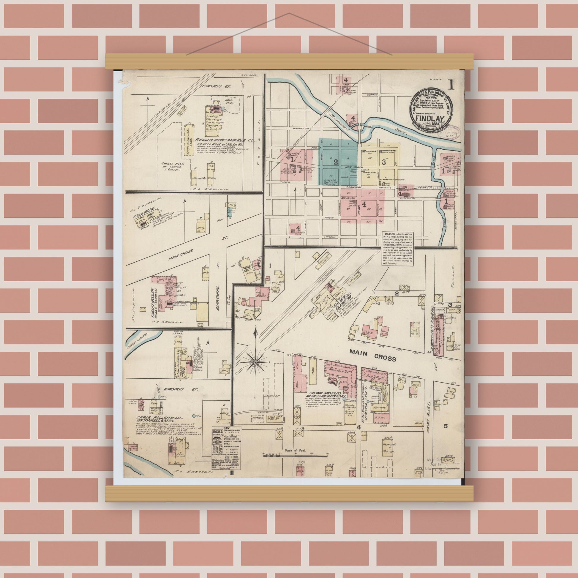 Old map wall art mockup — magnetic wood frame on brick wall — Sanborn Fire Insurance Map from Findlay, Hancock County, Ohio (1884) - Complete Map Set