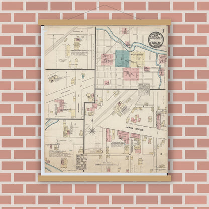 Old map wall art mockup — magnetic wood frame on brick wall — Sanborn Fire Insurance Map from Findlay, Hancock County, Ohio (1884) - Complete Map Set