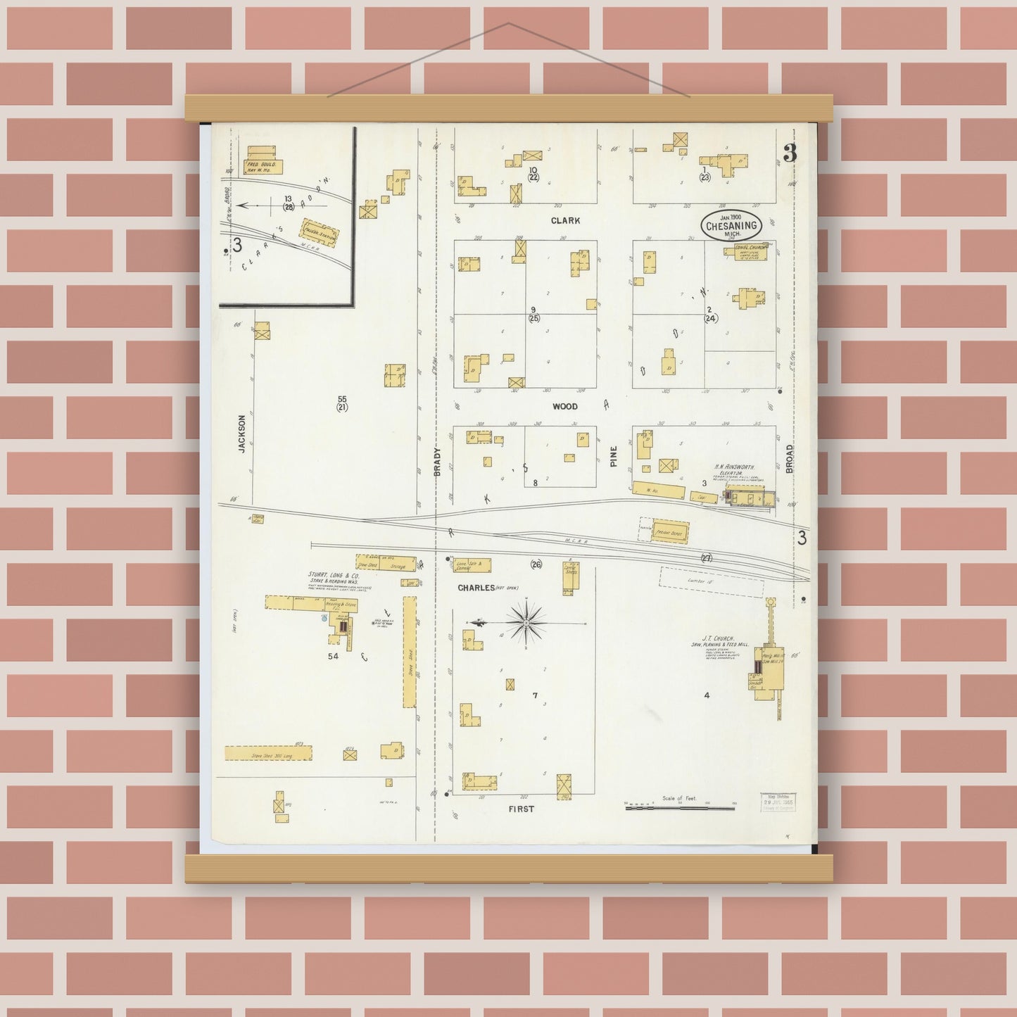 Old map wall art mockup — magnetic wood frame on brick wall — Sanborn Fire Insurance Map from Chesaning, Saginaw County, Michigan (1900), Sheet #0003
