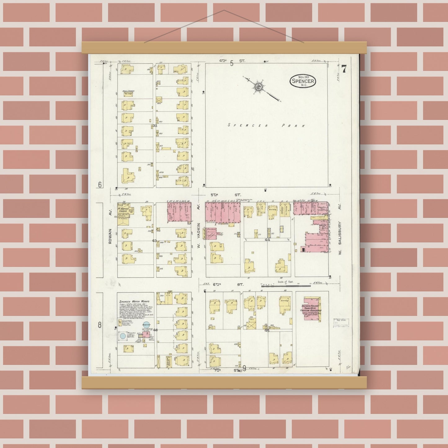 Old map wall art mockup — magnetic wood frame on brick wall — Sanborn Fire Insurance Map from Spencer, Rowan County, North Carolina (1913), Sheet #0007