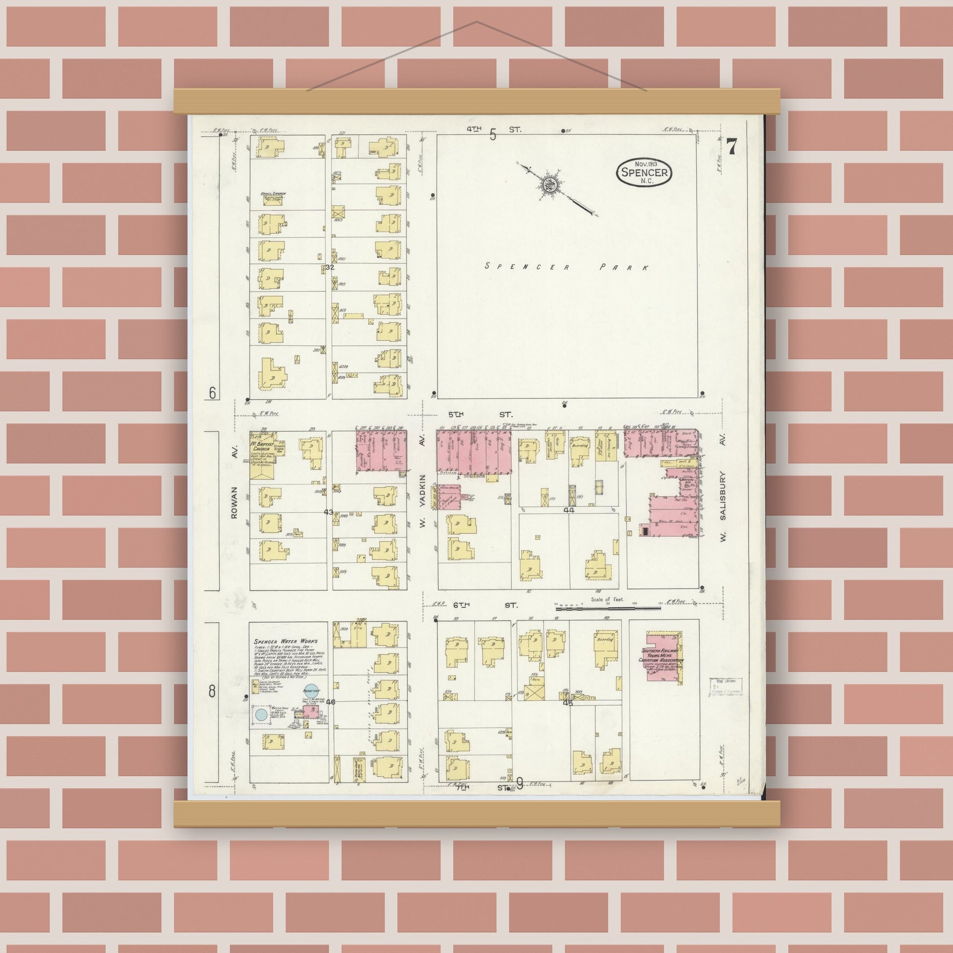 Old map wall art mockup — magnetic wood frame on brick wall — Sanborn Fire Insurance Map from Spencer, Rowan County, North Carolina (1913), Sheet #0007
