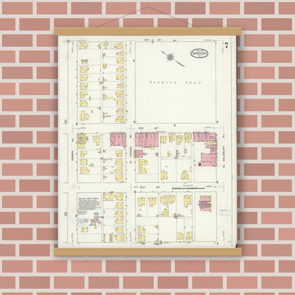 Old map wall art mockup — magnetic wood frame on brick wall — Sanborn Fire Insurance Map from Spencer, Rowan County, North Carolina (1913), Sheet #0007