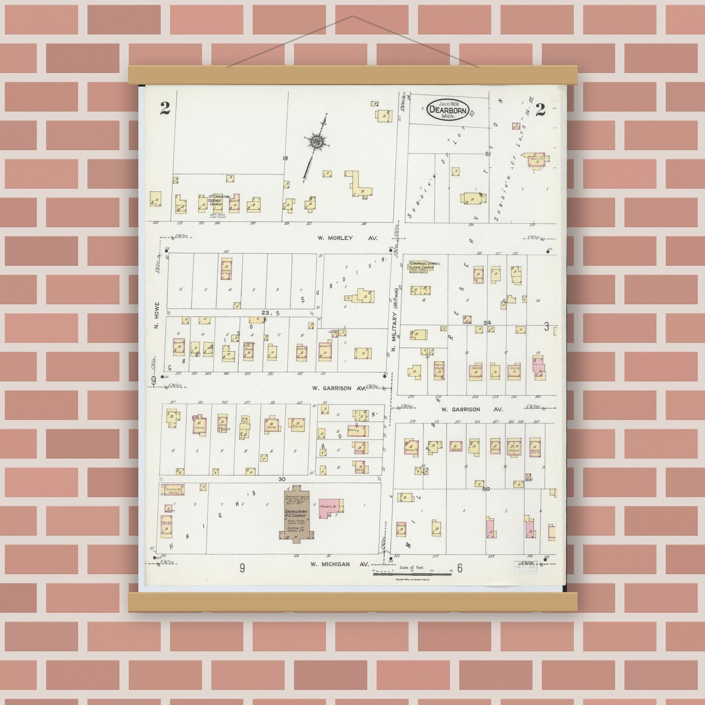 Old map wall art mockup — magnetic wood frame on brick wall — Sanborn Fire Insurance Map from Dearborn, Wayne County, Michigan (1924), Sheet #0002