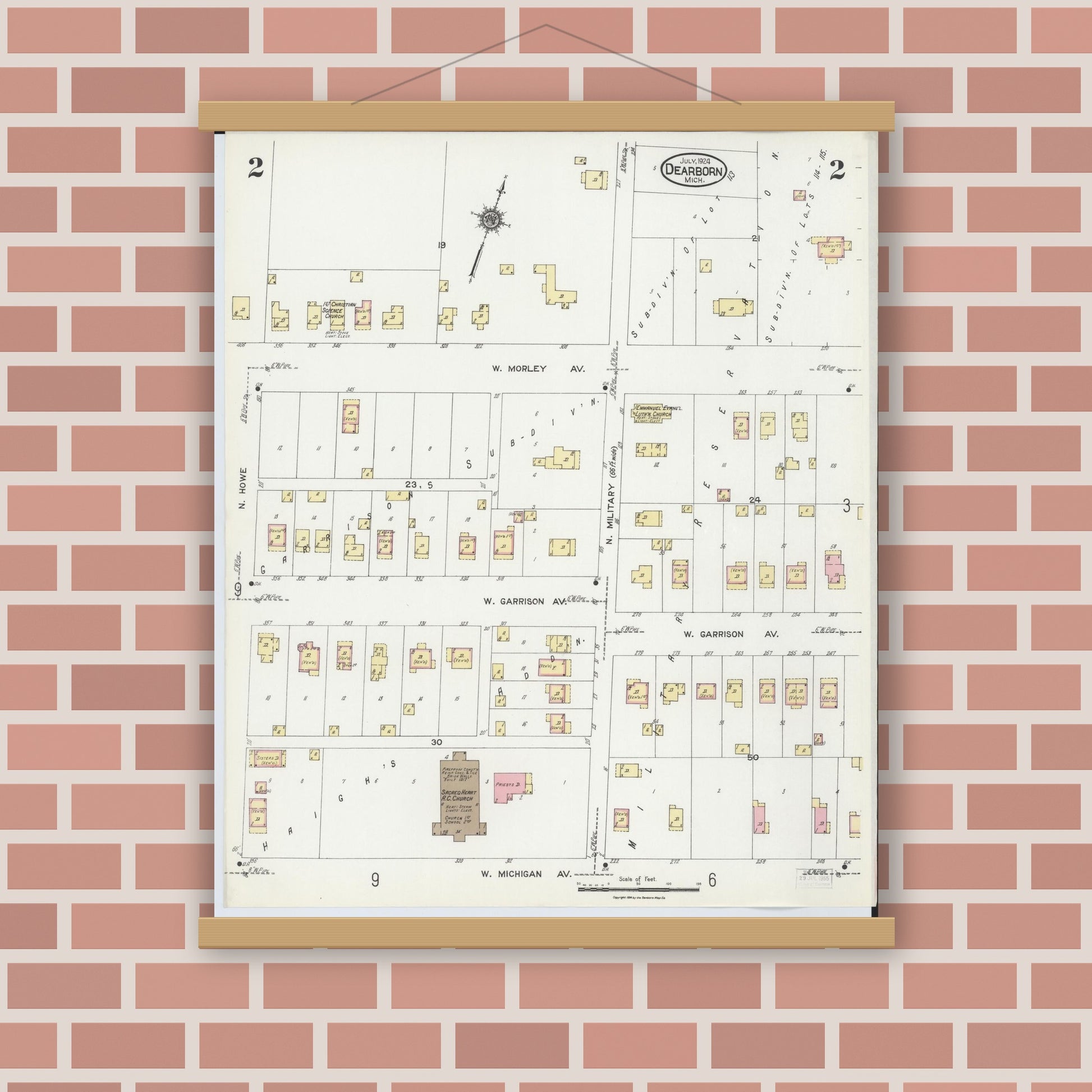 Old map wall art mockup — magnetic wood frame on brick wall — Sanborn Fire Insurance Map from Dearborn, Wayne County, Michigan (1924), Sheet #0002