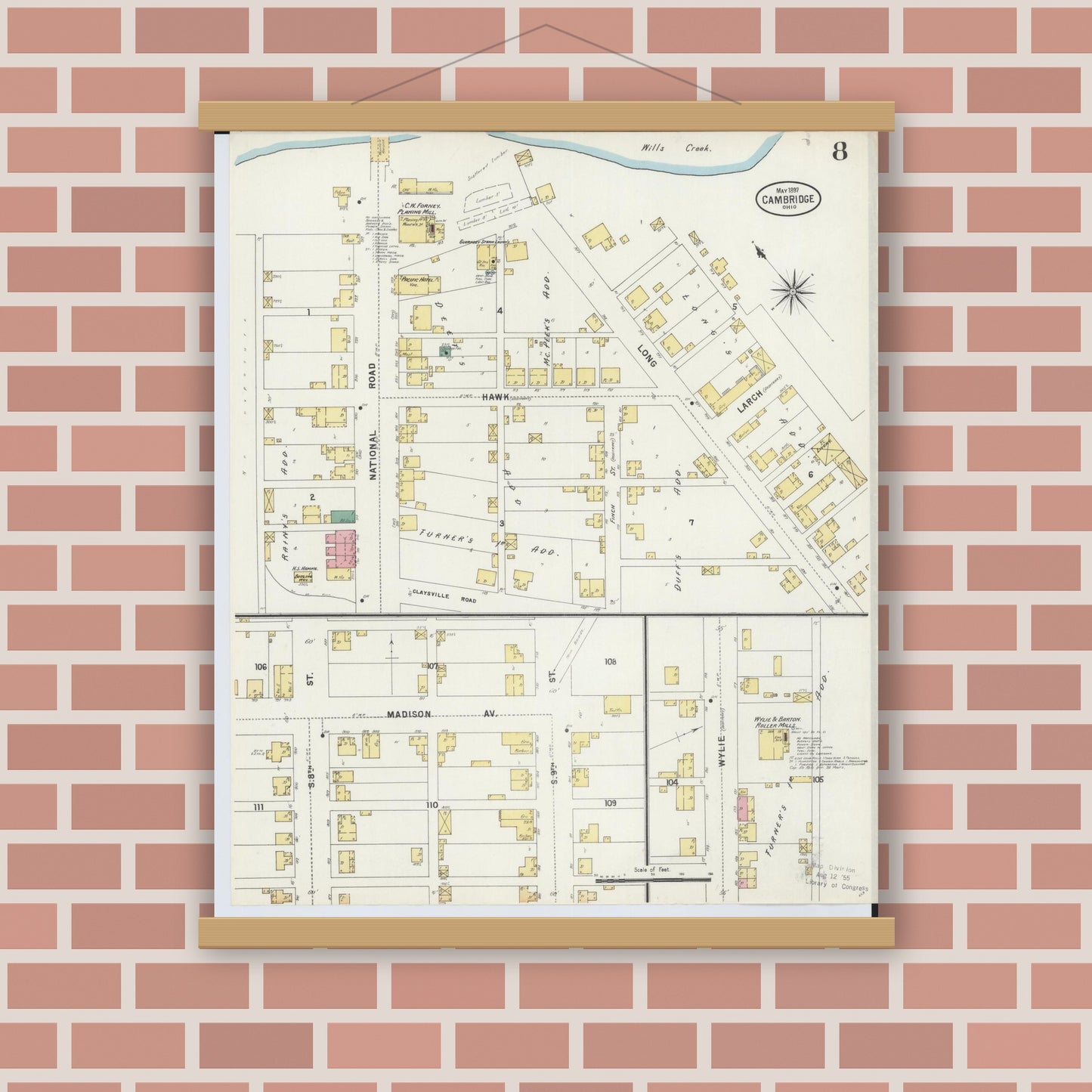 Old map wall art mockup — magnetic wood frame on brick wall — Sanborn Fire Insurance Map from Cambridge, Guernsey County, Ohio (1897), Sheet #0008