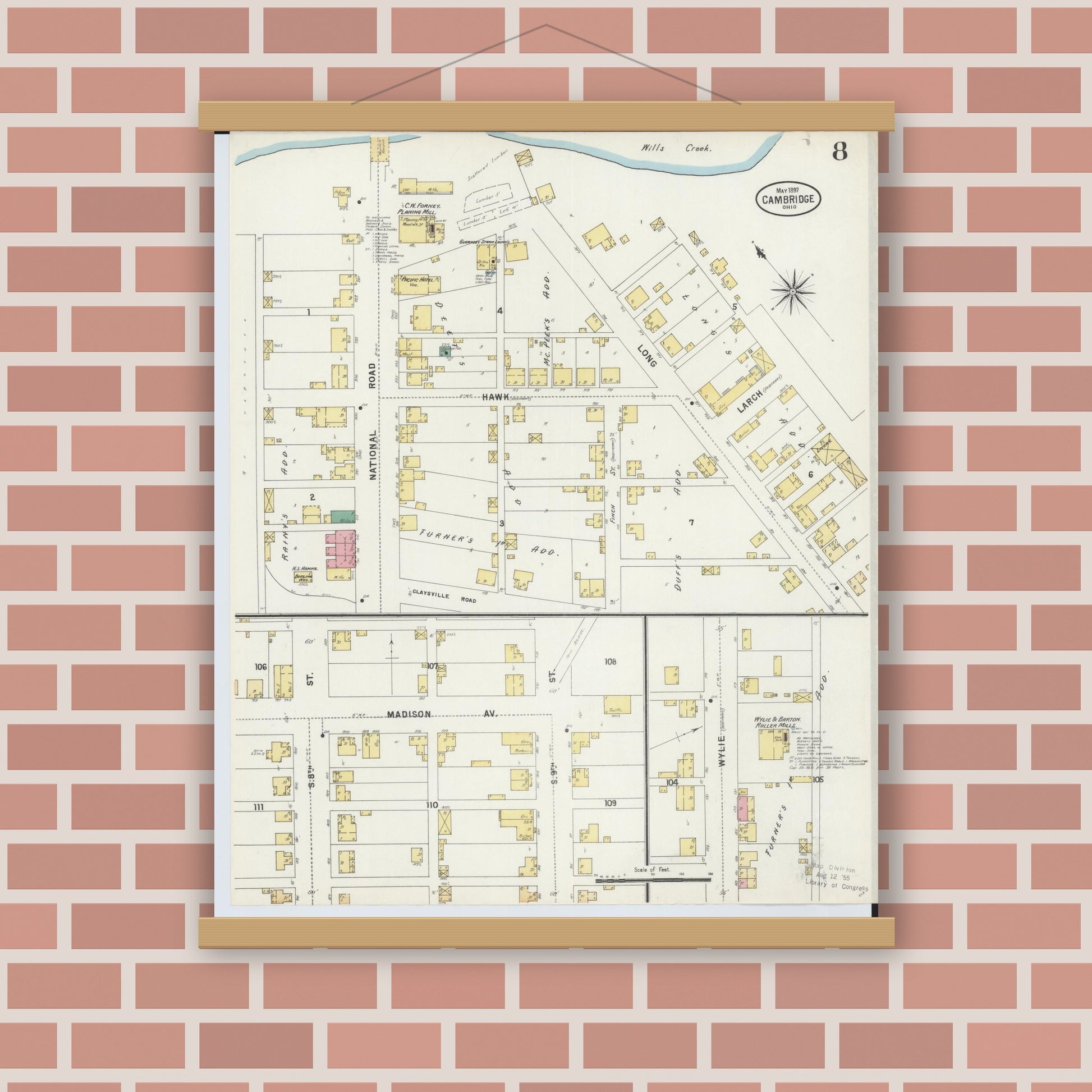 Old map wall art mockup — magnetic wood frame on brick wall — Sanborn Fire Insurance Map from Cambridge, Guernsey County, Ohio (1897), Sheet #0008