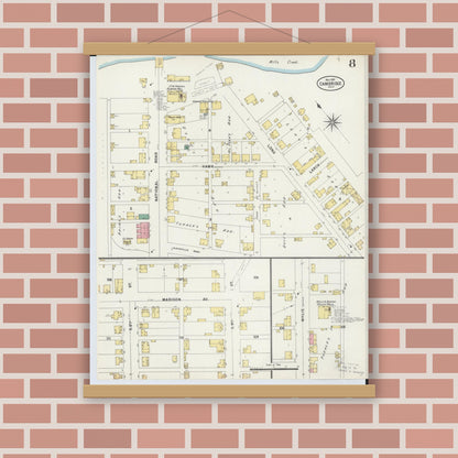 Old map wall art mockup — magnetic wood frame on brick wall — Sanborn Fire Insurance Map from Cambridge, Guernsey County, Ohio (1897), Sheet #0008