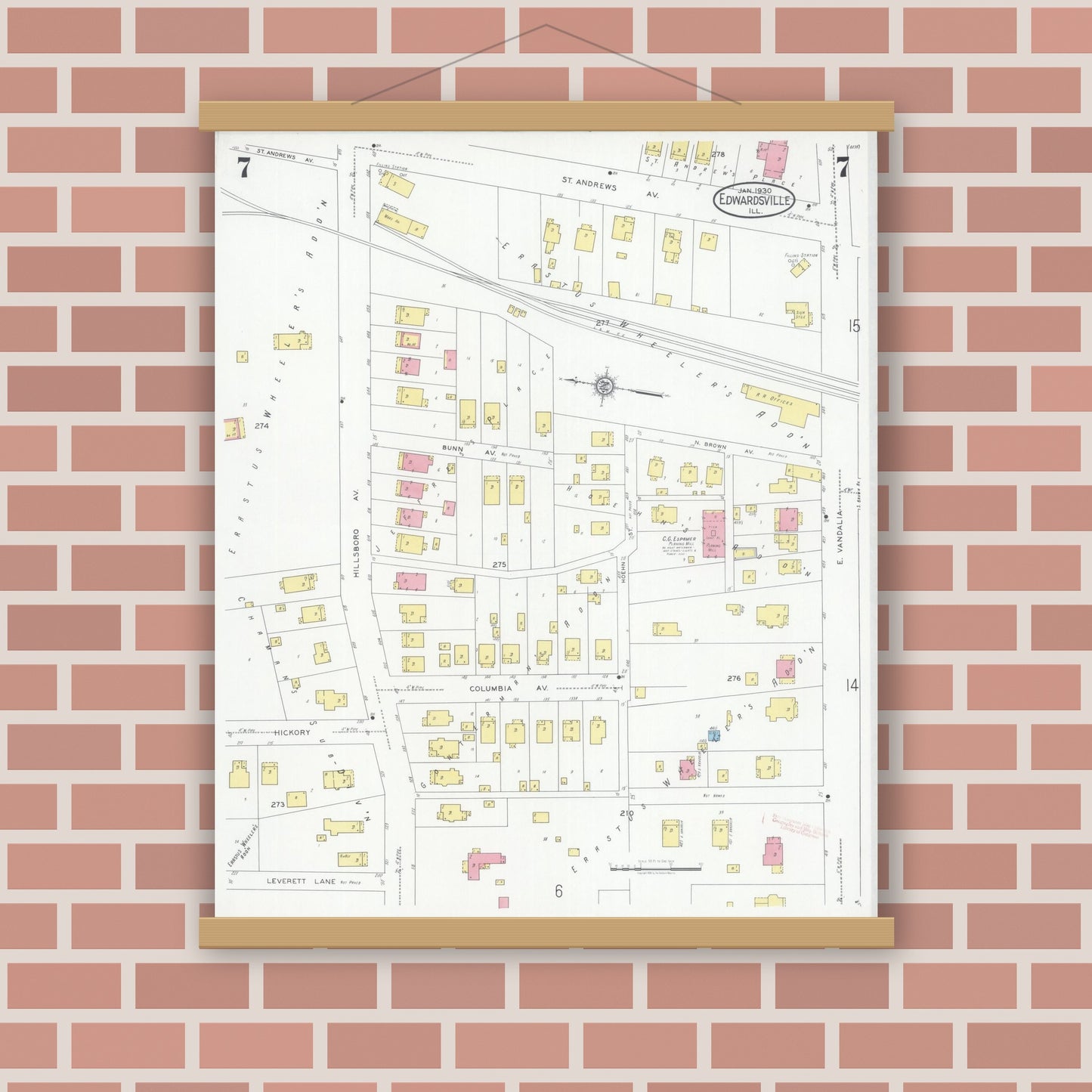 Old map wall art mockup — magnetic wood frame on brick wall — Sanborn Fire Insurance Map from Edwardsville, Madison County, Illinois (1930), Sheet #0007