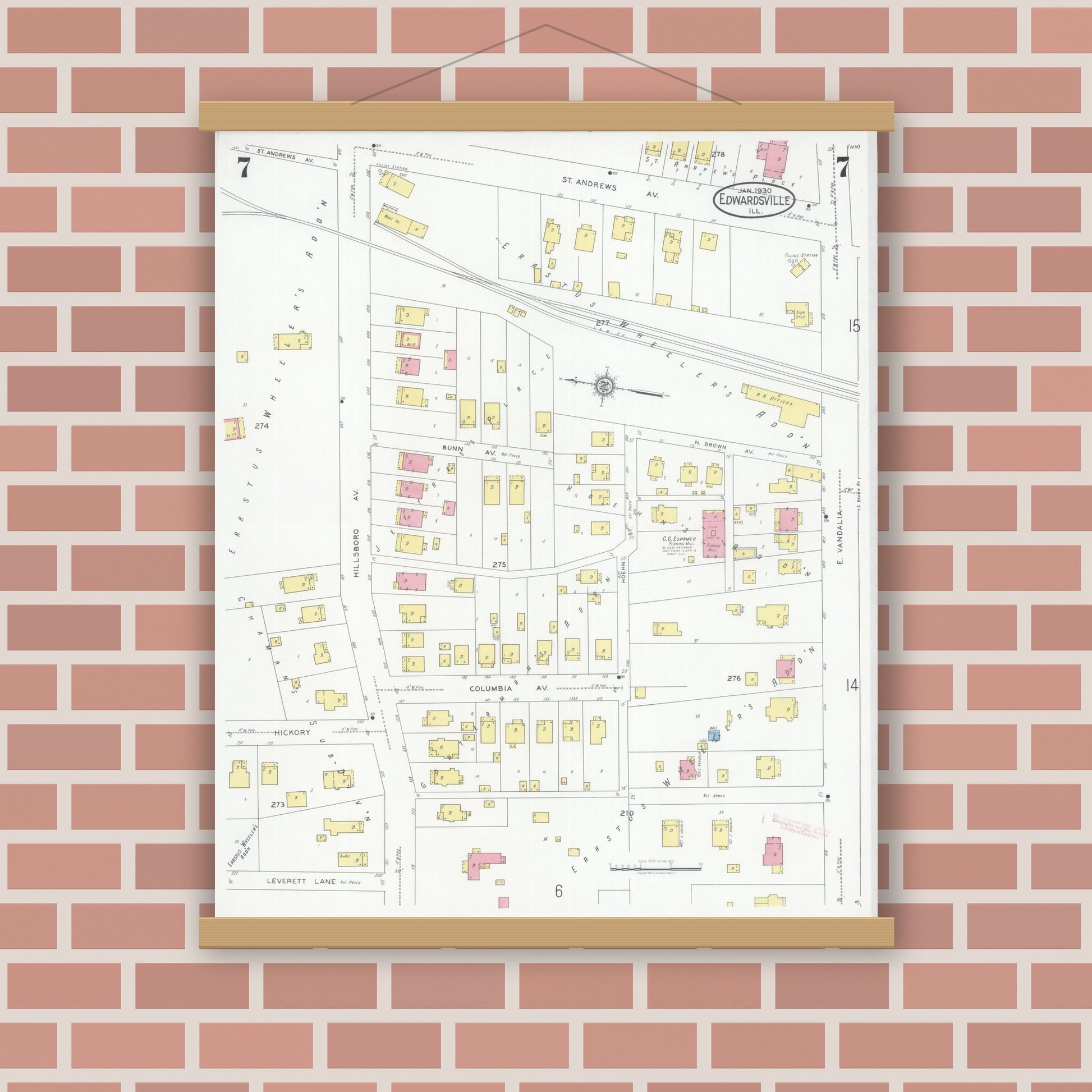 Old map wall art mockup — magnetic wood frame on brick wall — Sanborn Fire Insurance Map from Edwardsville, Madison County, Illinois (1930), Sheet #0007