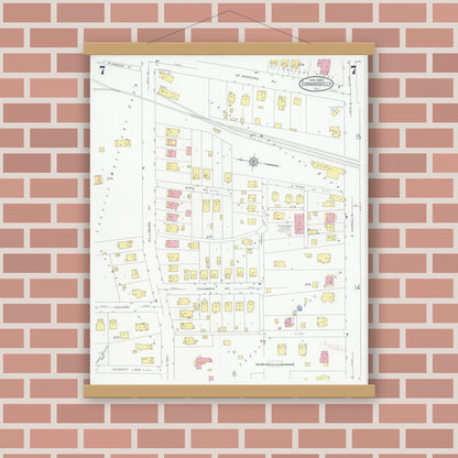 Old map wall art mockup — magnetic wood frame on brick wall — Sanborn Fire Insurance Map from Edwardsville, Madison County, Illinois (1930), Sheet #0007