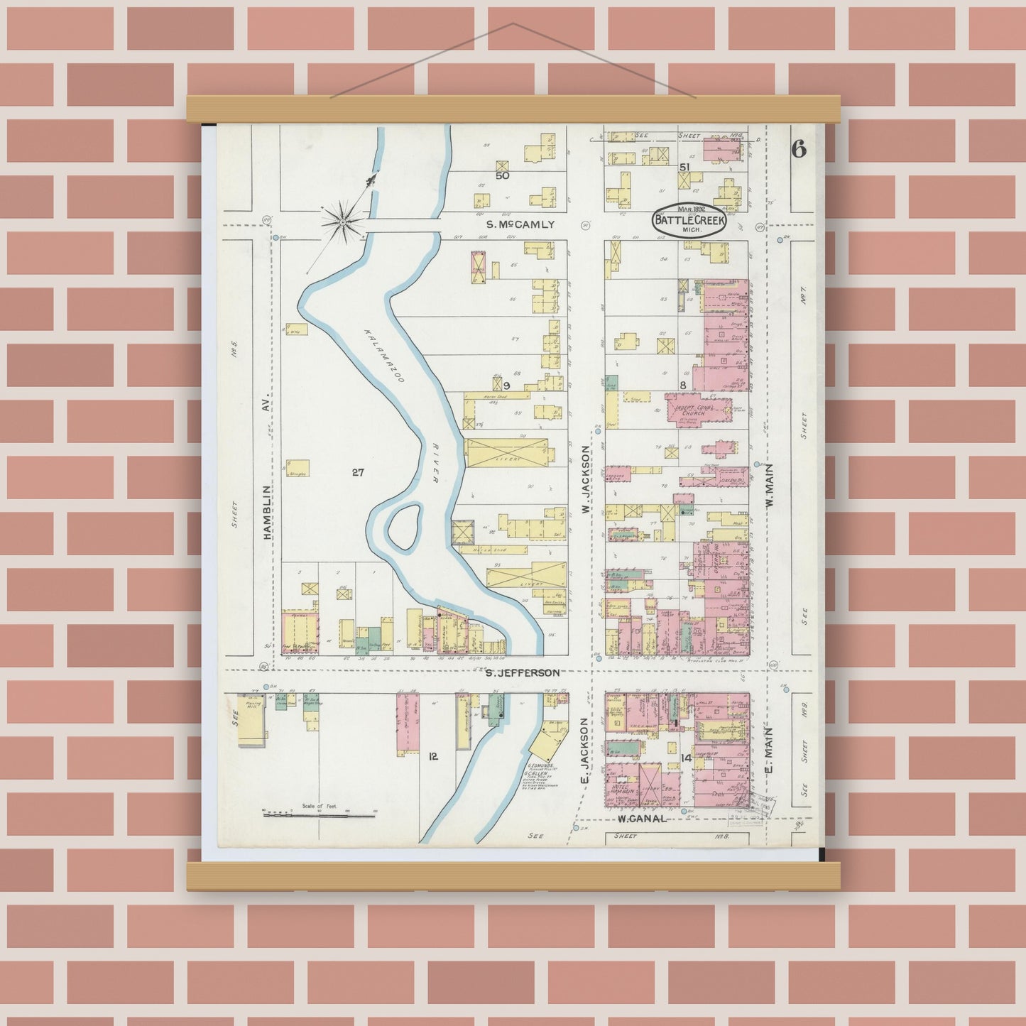 Old map wall art mockup — magnetic wood frame on brick wall — Sanborn Fire Insurance Map from Battle Creek, Calhoun County, Michigan (1892), Sheet #0006
