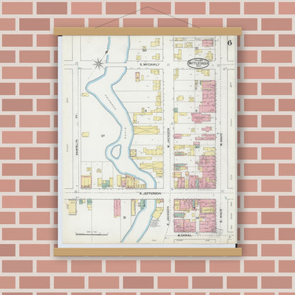 Old map wall art mockup — magnetic wood frame on brick wall — Sanborn Fire Insurance Map from Battle Creek, Calhoun County, Michigan (1892), Sheet #0006