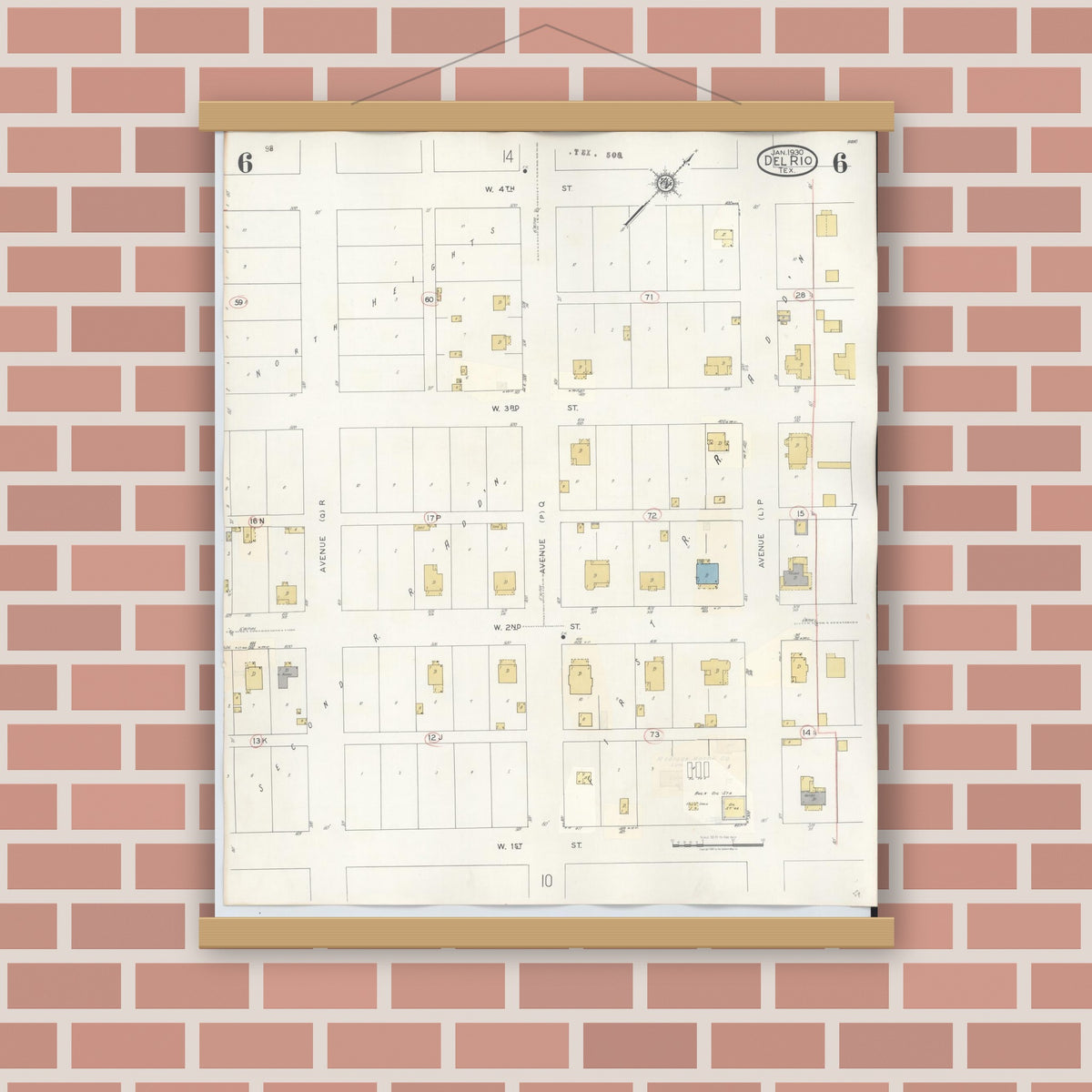 Old map wall art mockup — magnetic wood frame on brick wall — Sanborn Fire Insurance Map from Del Rio, Val Verde County, Texas (1948), Sheet #0006
