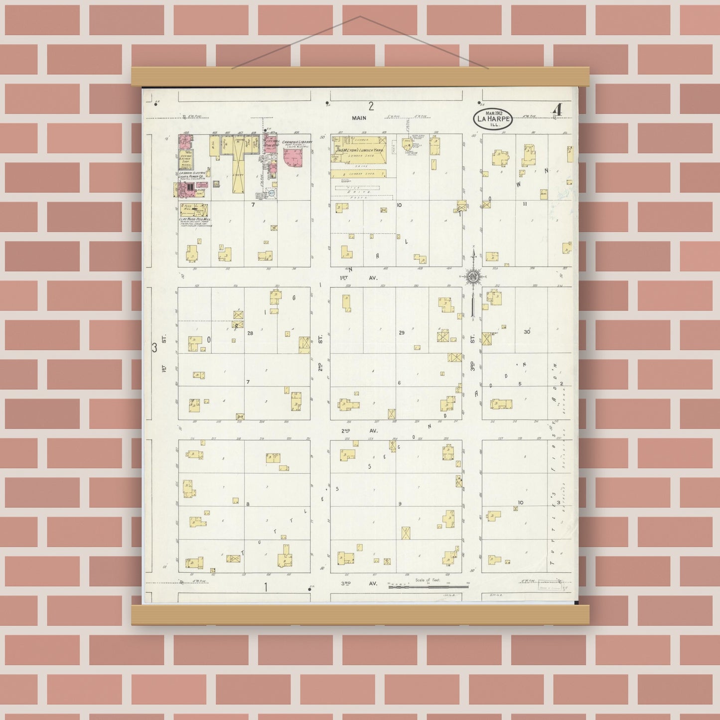 Old map wall art mockup — magnetic wood frame on brick wall — Sanborn Fire Insurance Map from La Harpe, Hancock County, Illinois (1912), Sheet #0004