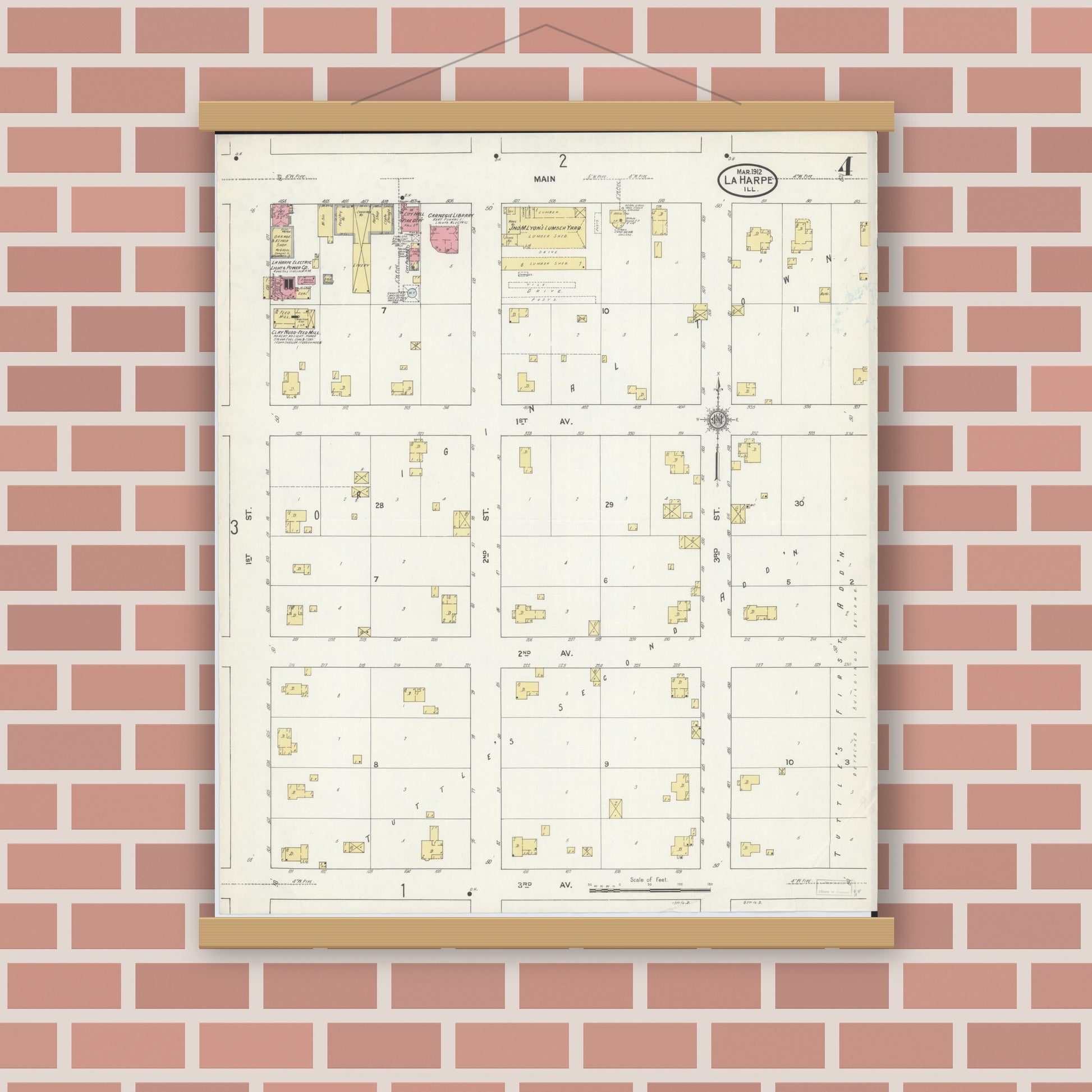Old map wall art mockup — magnetic wood frame on brick wall — Sanborn Fire Insurance Map from La Harpe, Hancock County, Illinois (1912), Sheet #0004