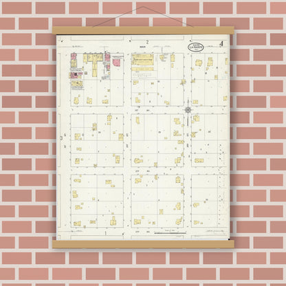 Old map wall art mockup — magnetic wood frame on brick wall — Sanborn Fire Insurance Map from La Harpe, Hancock County, Illinois (1912), Sheet #0004