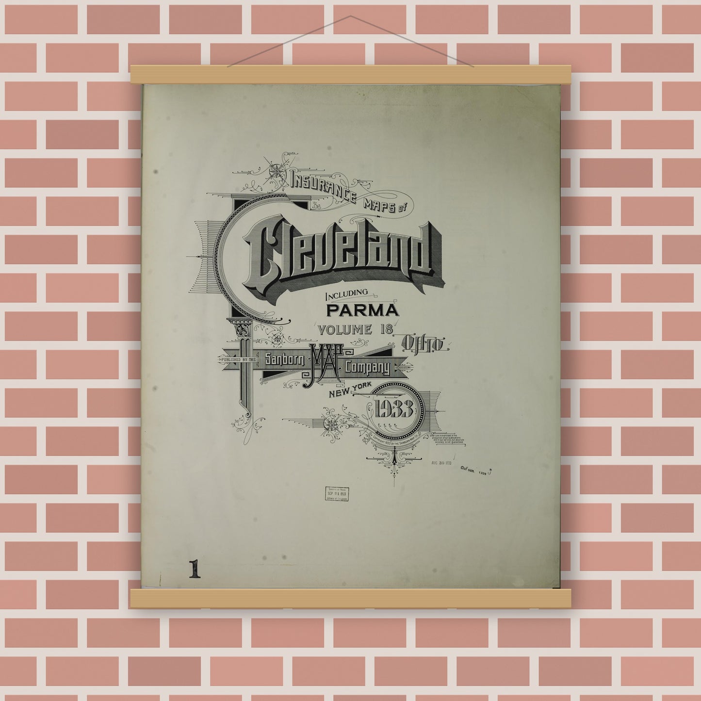 Old map wall art mockup — magnetic wood frame on brick wall — Sanborn Fire Insurance Map from Cleveland, Cuyahoga County, Ohio (1933), Sheet #0001