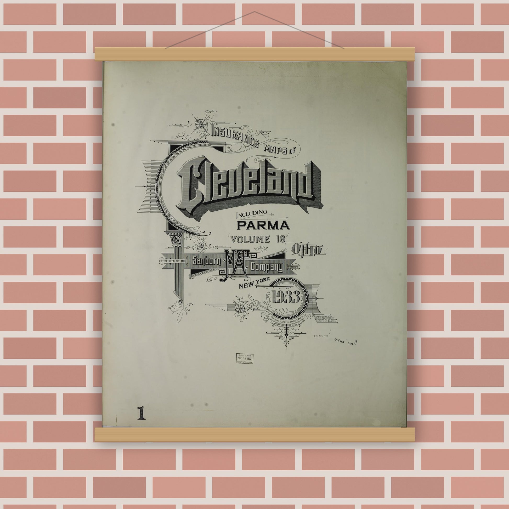 Old map wall art mockup — magnetic wood frame on brick wall — Sanborn Fire Insurance Map from Cleveland, Cuyahoga County, Ohio (1933), Sheet #0001