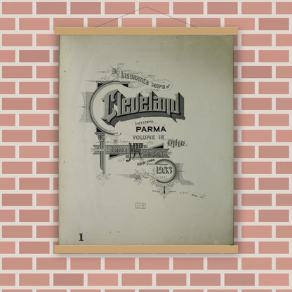 Old map wall art mockup — magnetic wood frame on brick wall — Sanborn Fire Insurance Map from Cleveland, Cuyahoga County, Ohio (1933), Sheet #0001