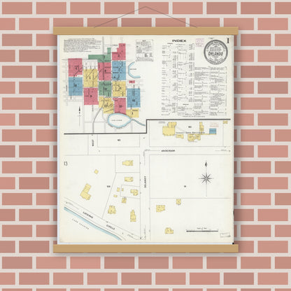 Old map wall art mockup — magnetic wood frame on brick wall — Sanborn Fire Insurance Map from Orlando, Orange County, Florida (1908) - Complete Map Set