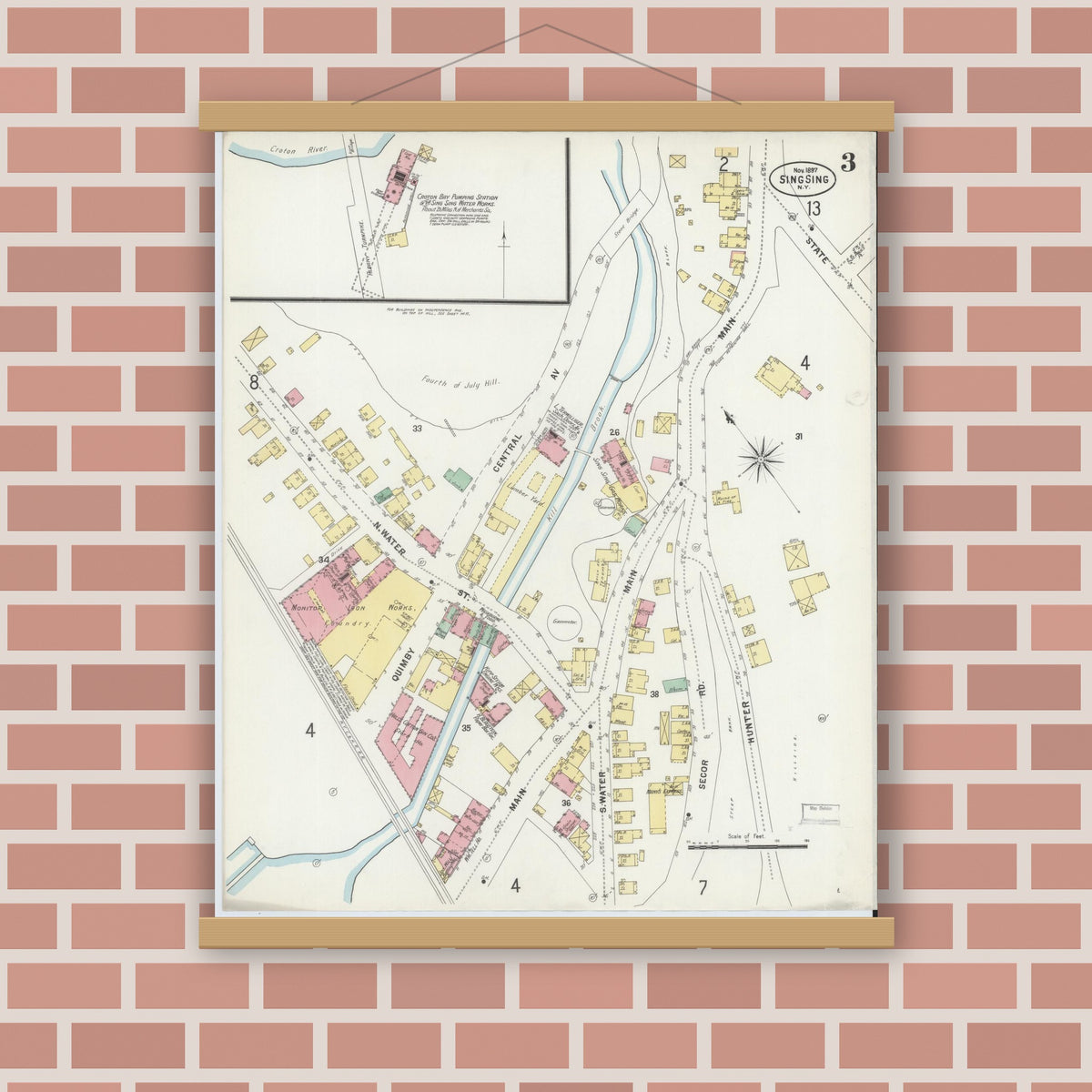 Old map wall art mockup — magnetic wood frame on brick wall — Sanborn Fire Insurance Map from Sing Sing, Westchester County, New York (1897), Sheet #0003