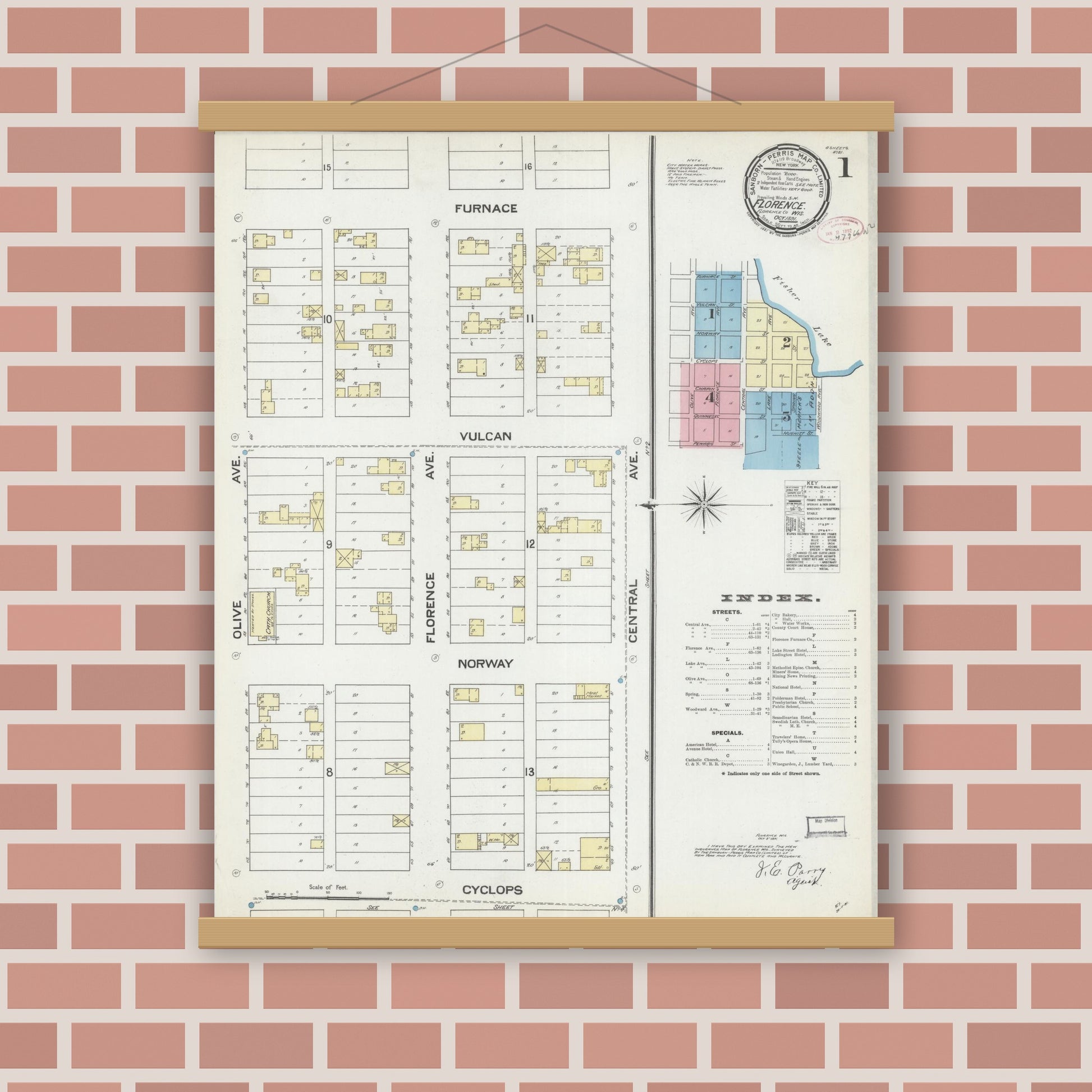 Old map wall art mockup — magnetic wood frame on brick wall — Sanborn Fire Insurance Map from Florence, Florence County, Wisconsin (1891), Sheet #0001