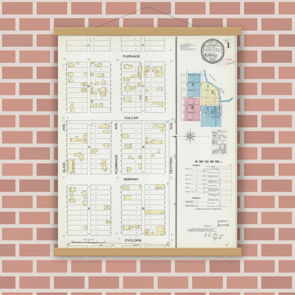 Old map wall art mockup — magnetic wood frame on brick wall — Sanborn Fire Insurance Map from Florence, Florence County, Wisconsin (1891), Sheet #0001