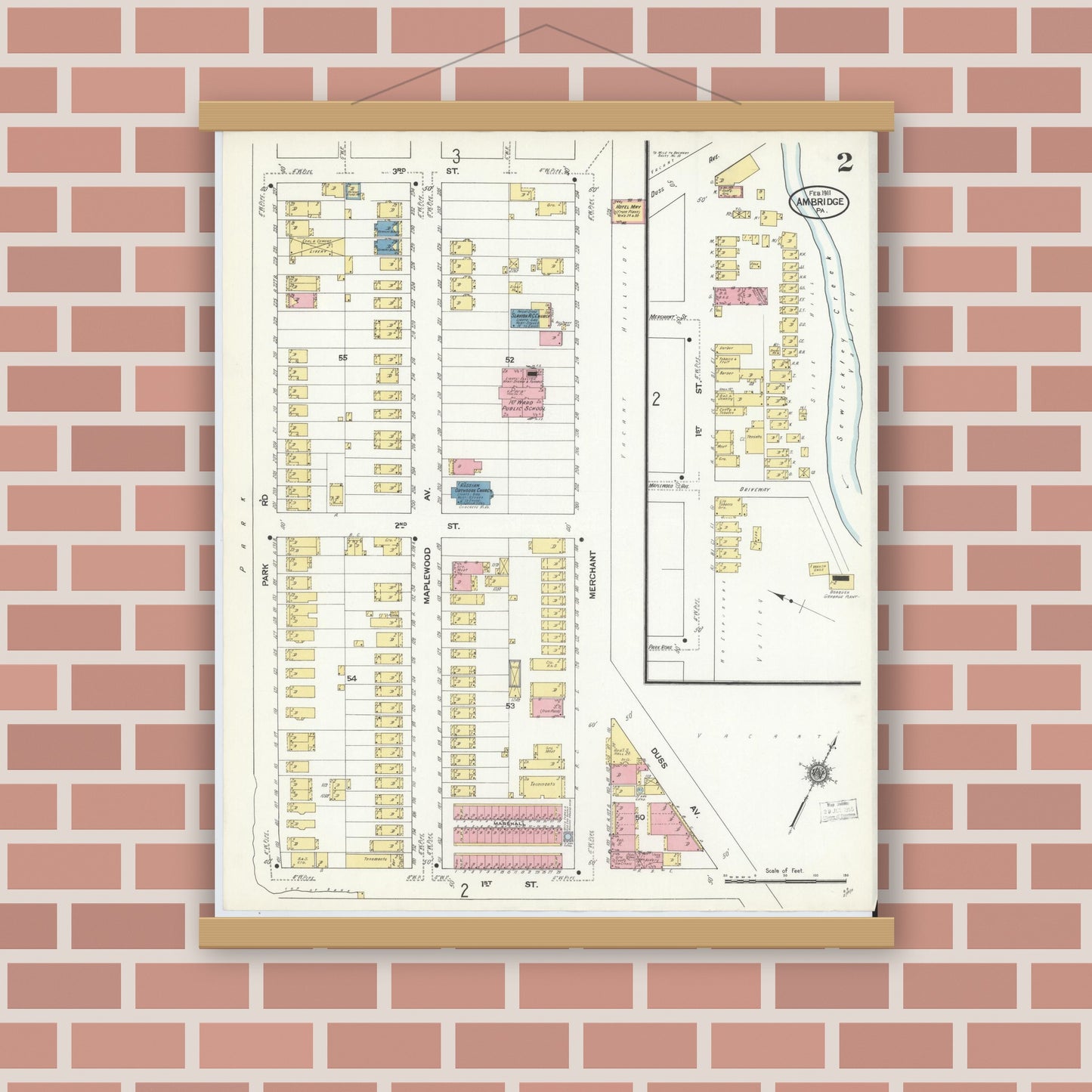 Old map wall art mockup — magnetic wood frame on brick wall — Sanborn Fire Insurance Map from Ambridge, Beaver County, Pennsylvania (1911), Sheet #0002