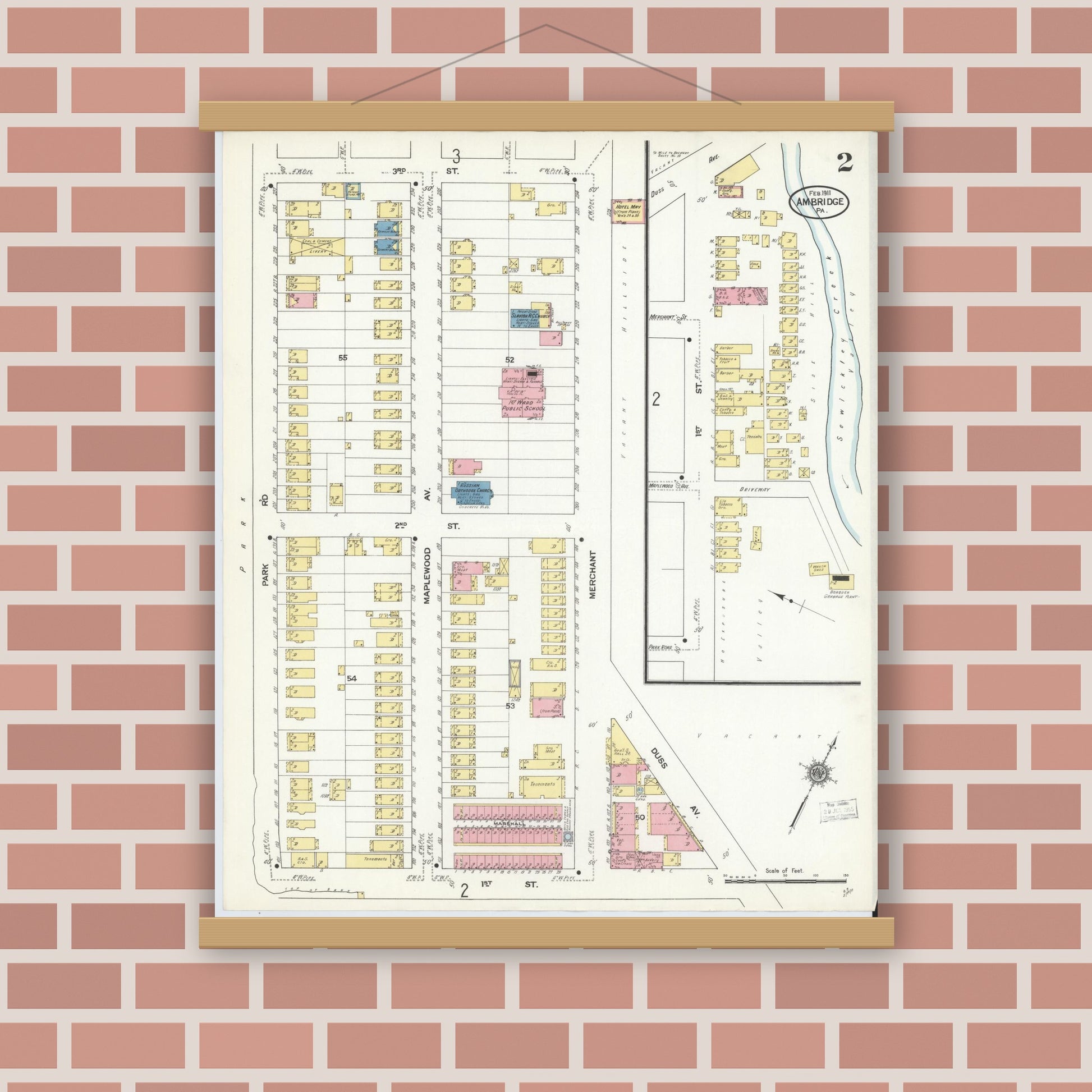 Old map wall art mockup — magnetic wood frame on brick wall — Sanborn Fire Insurance Map from Ambridge, Beaver County, Pennsylvania (1911), Sheet #0002
