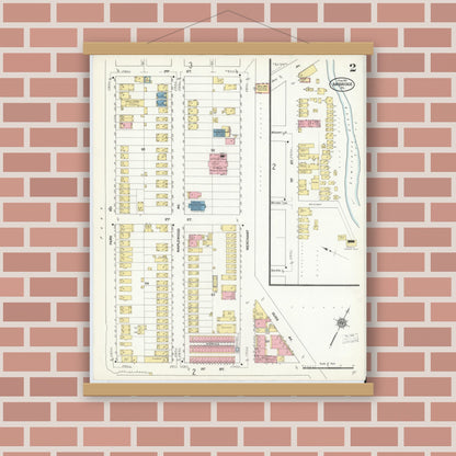 Old map wall art mockup — magnetic wood frame on brick wall — Sanborn Fire Insurance Map from Ambridge, Beaver County, Pennsylvania (1911), Sheet #0002