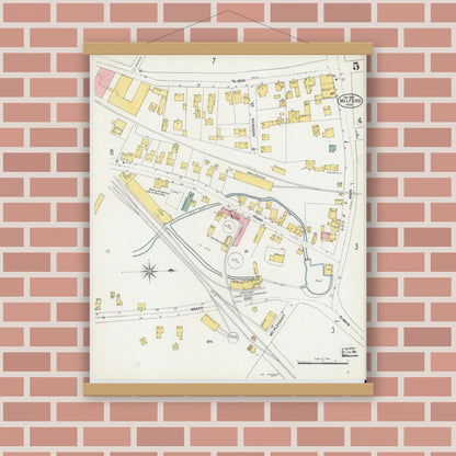 Old map wall art mockup — magnetic wood frame on brick wall — Sanborn Fire Insurance Map from Milford, Worcester County, Massachusetts (1903), Sheet #0005