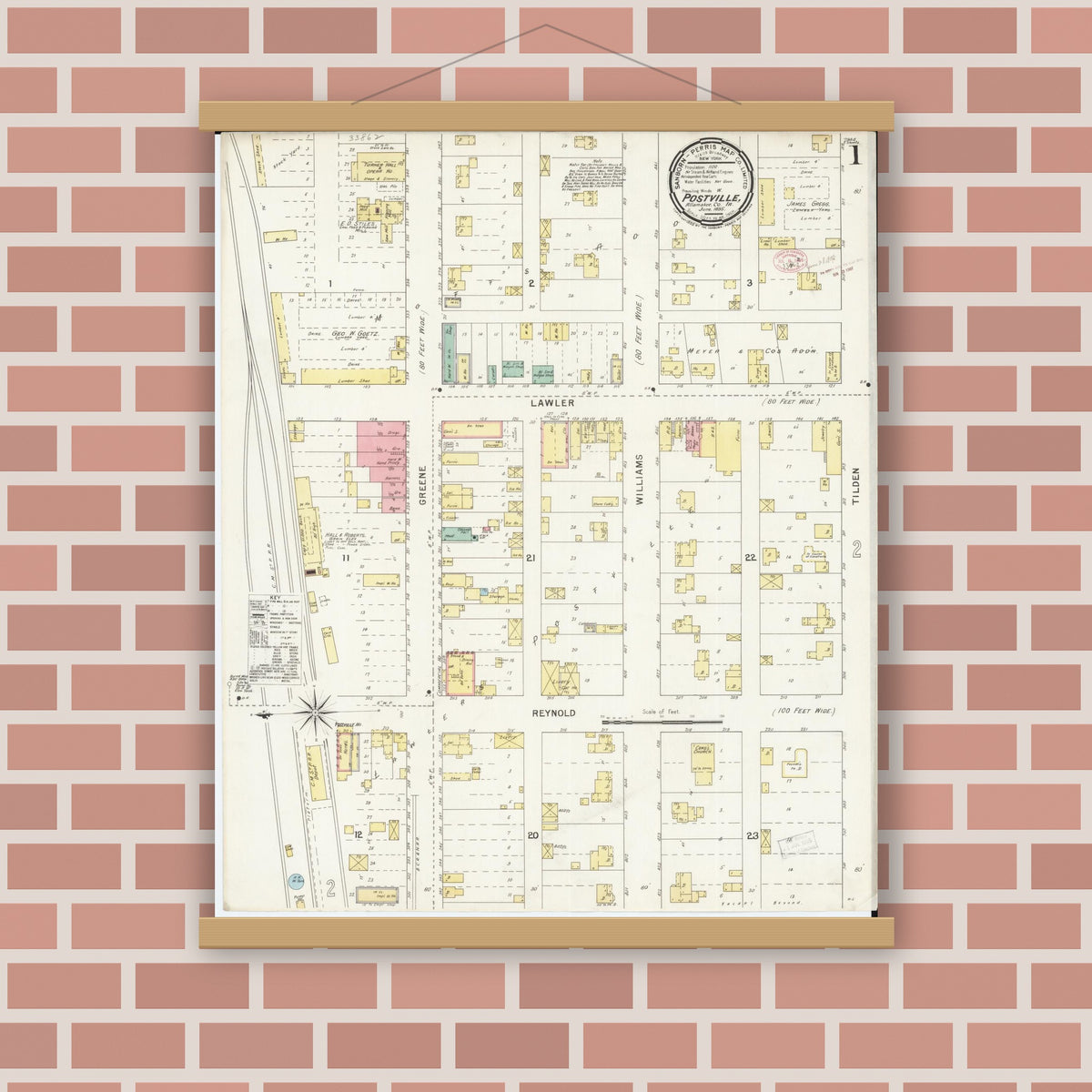 Old map wall art mockup — magnetic wood frame on brick wall — Sanborn Fire Insurance Map from Postville, Allamakee County, Iowa (1895) â€” Complete Set
