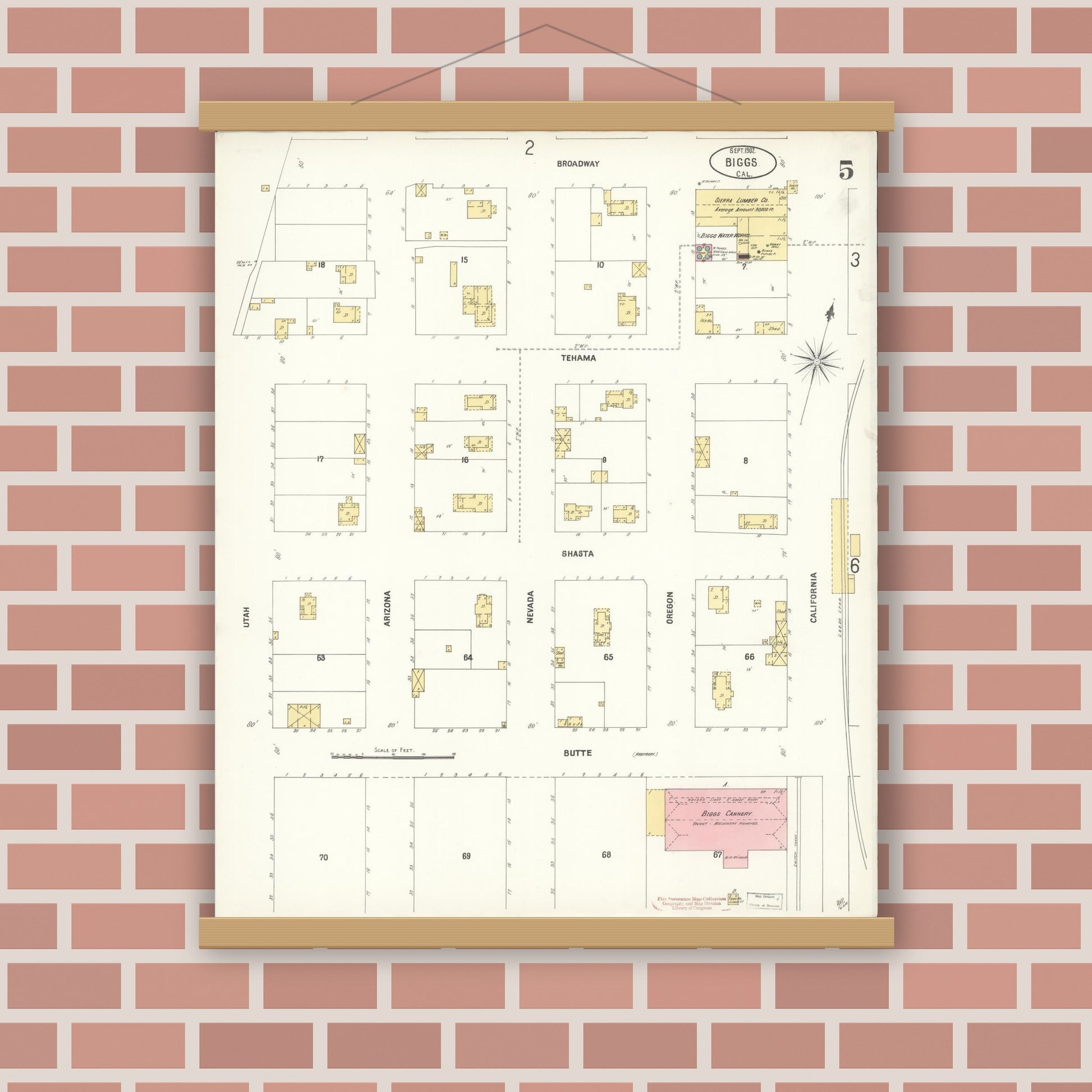 Old map wall art mockup — magnetic wood frame on brick wall — Sanborn Fire Insurance Map from Biggs, Butte County, California (1902), Sheet #0005
