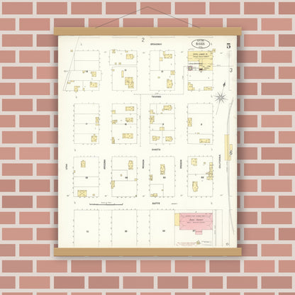Old map wall art mockup — magnetic wood frame on brick wall — Sanborn Fire Insurance Map from Biggs, Butte County, California (1902), Sheet #0005