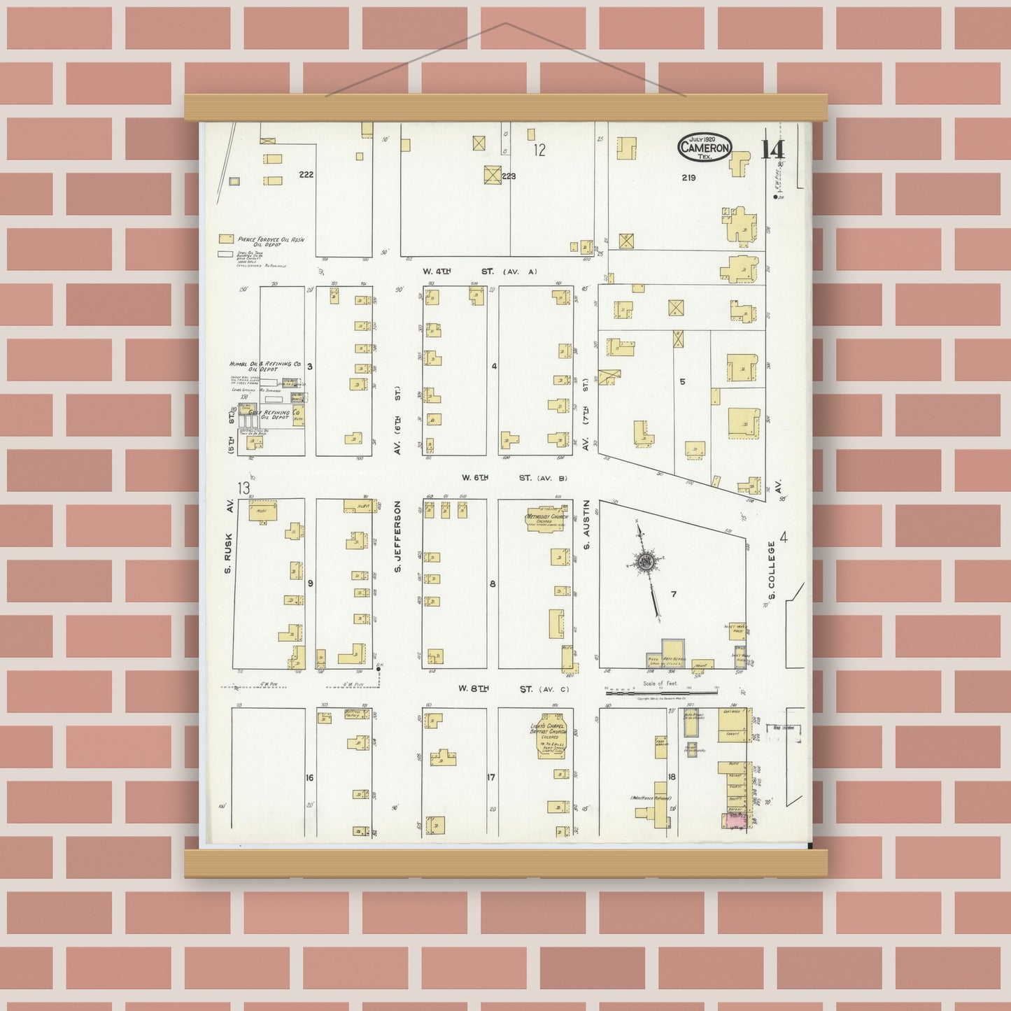 Old map wall art mockup — magnetic wood frame on brick wall — Sanborn Fire Insurance Map from Cameron, Milam County, Texas (1920), Sheet #0014