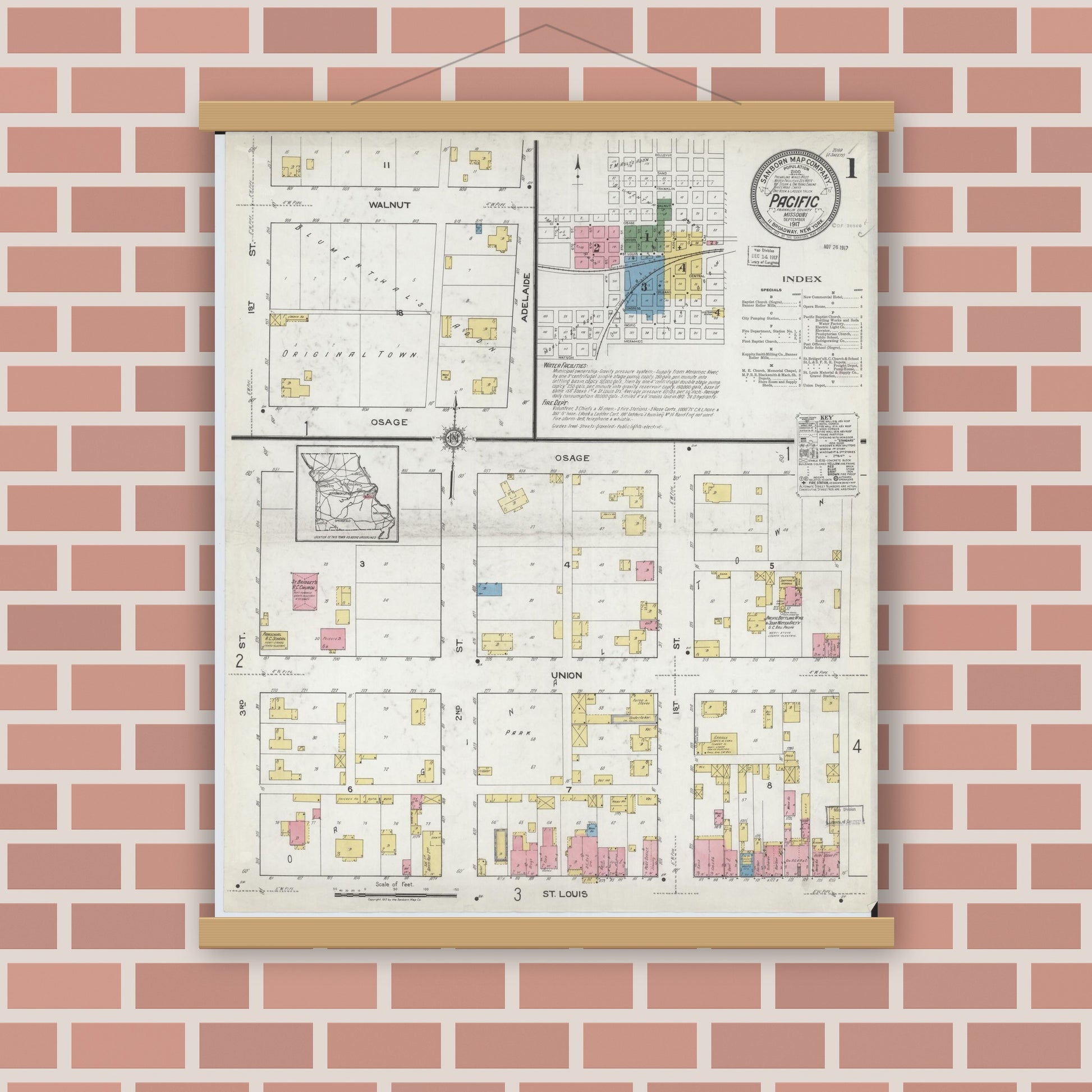 Old map wall art mockup — magnetic wood frame on brick wall — Sanborn Fire Insurance Map from Pacific, Franklin County, Missouri (1917) - Complete Map Set