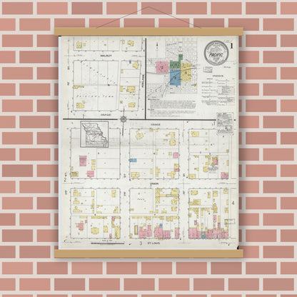 Old map wall art mockup — magnetic wood frame on brick wall — Sanborn Fire Insurance Map from Pacific, Franklin County, Missouri (1917) - Complete Map Set
