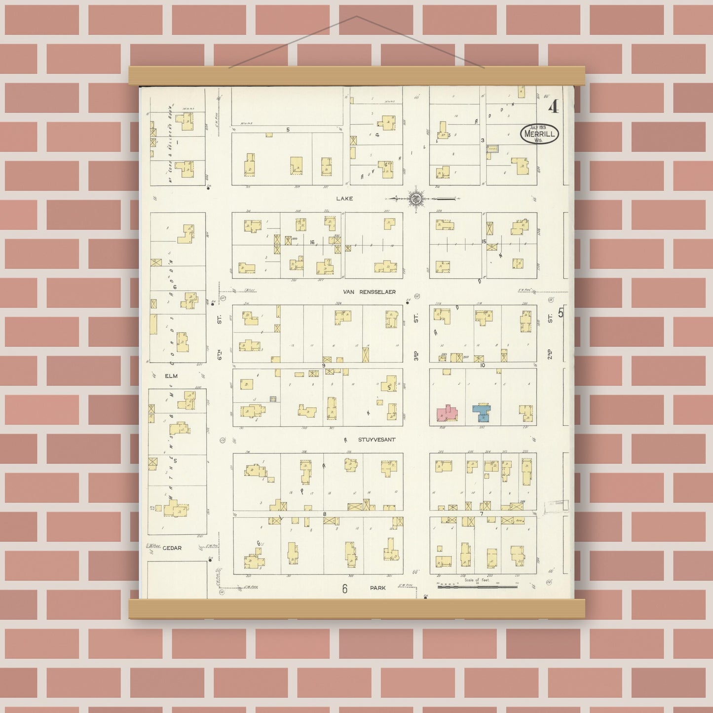 Old map wall art mockup — magnetic wood frame on brick wall — Sanborn Fire Insurance Map from Merrill, Lincoln County, Wisconsin (1913), Sheet #0004