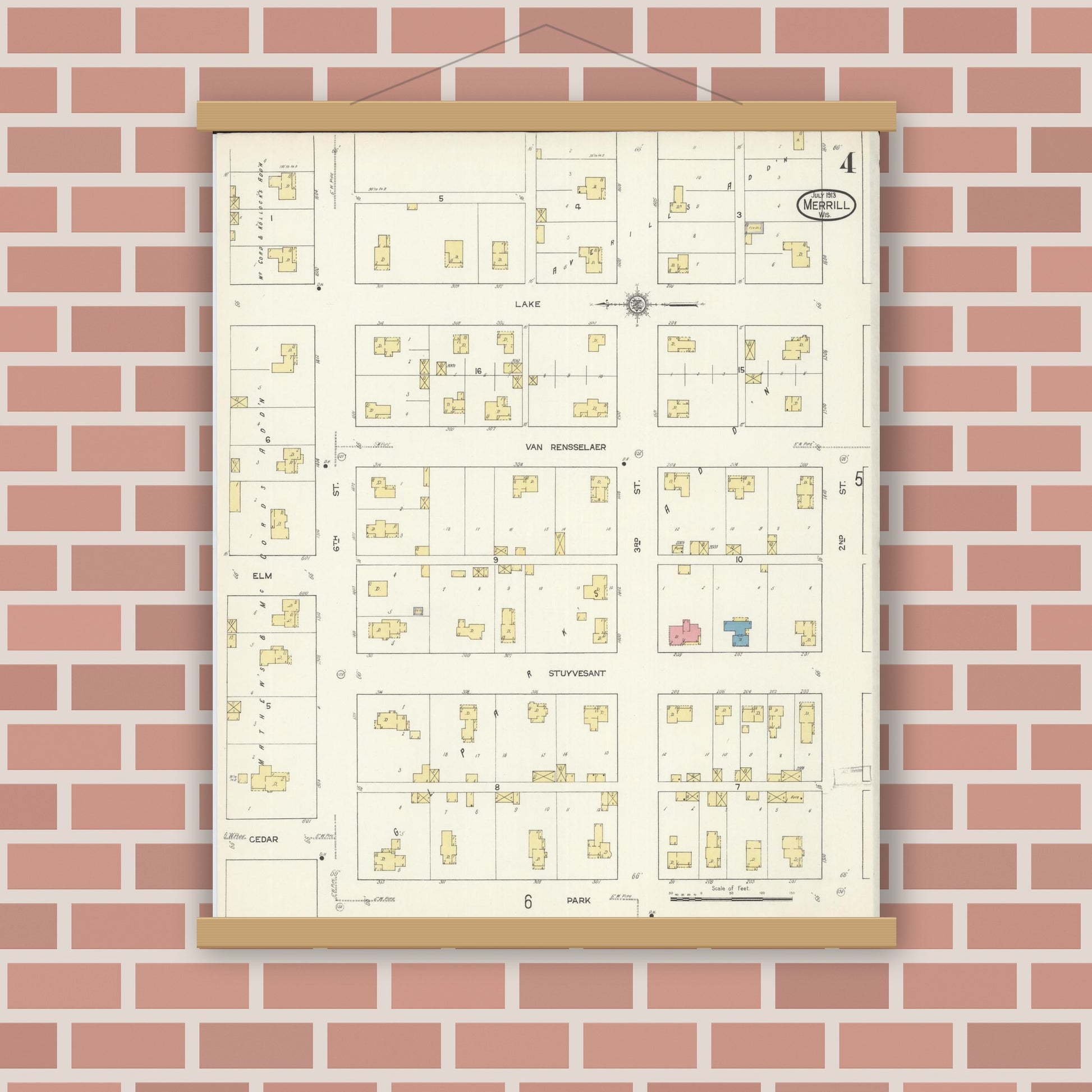 Old map wall art mockup — magnetic wood frame on brick wall — Sanborn Fire Insurance Map from Merrill, Lincoln County, Wisconsin (1913), Sheet #0004