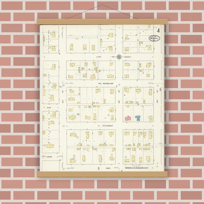 Old map wall art mockup — magnetic wood frame on brick wall — Sanborn Fire Insurance Map from Merrill, Lincoln County, Wisconsin (1913), Sheet #0004