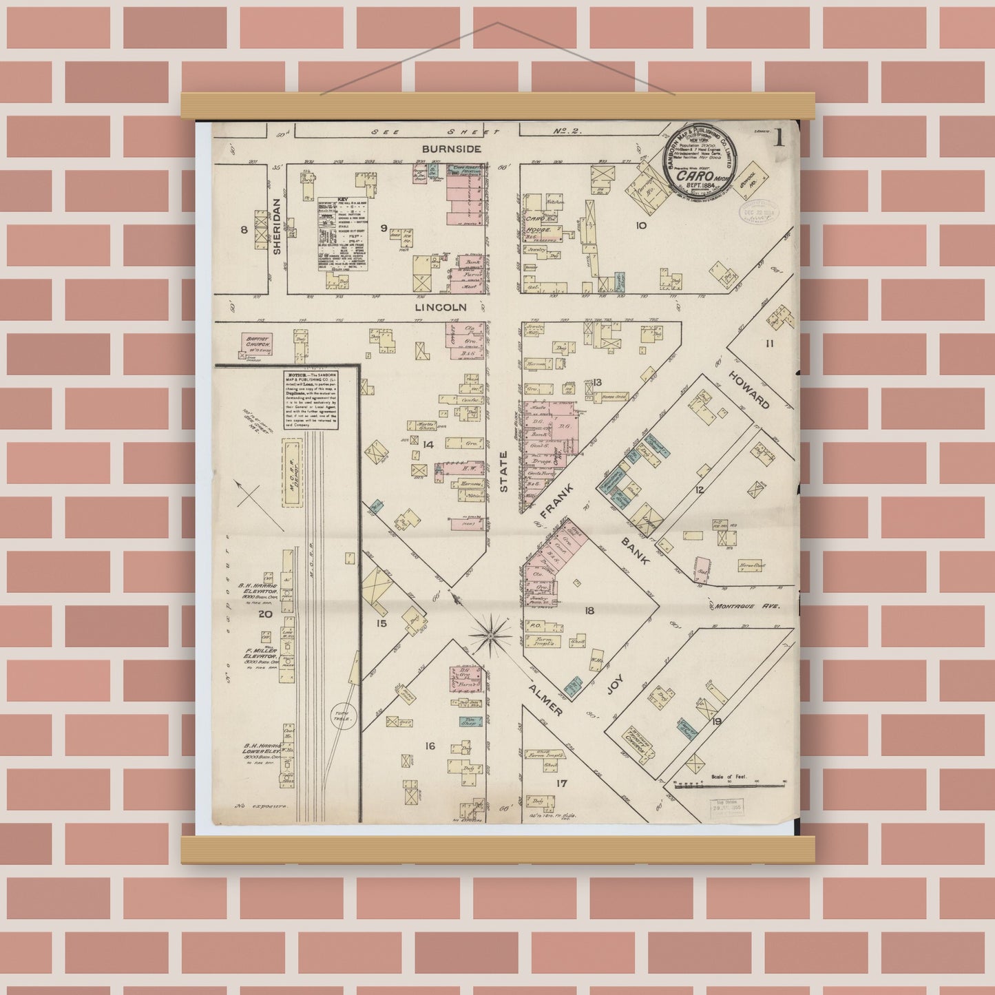Old map wall art mockup — magnetic wood frame on brick wall — Sanborn Fire Insurance Map from Caro, Tuscola County, Michigan (1884) - Complete Map Set