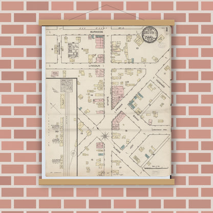 Old map wall art mockup — magnetic wood frame on brick wall — Sanborn Fire Insurance Map from Caro, Tuscola County, Michigan (1884) - Complete Map Set