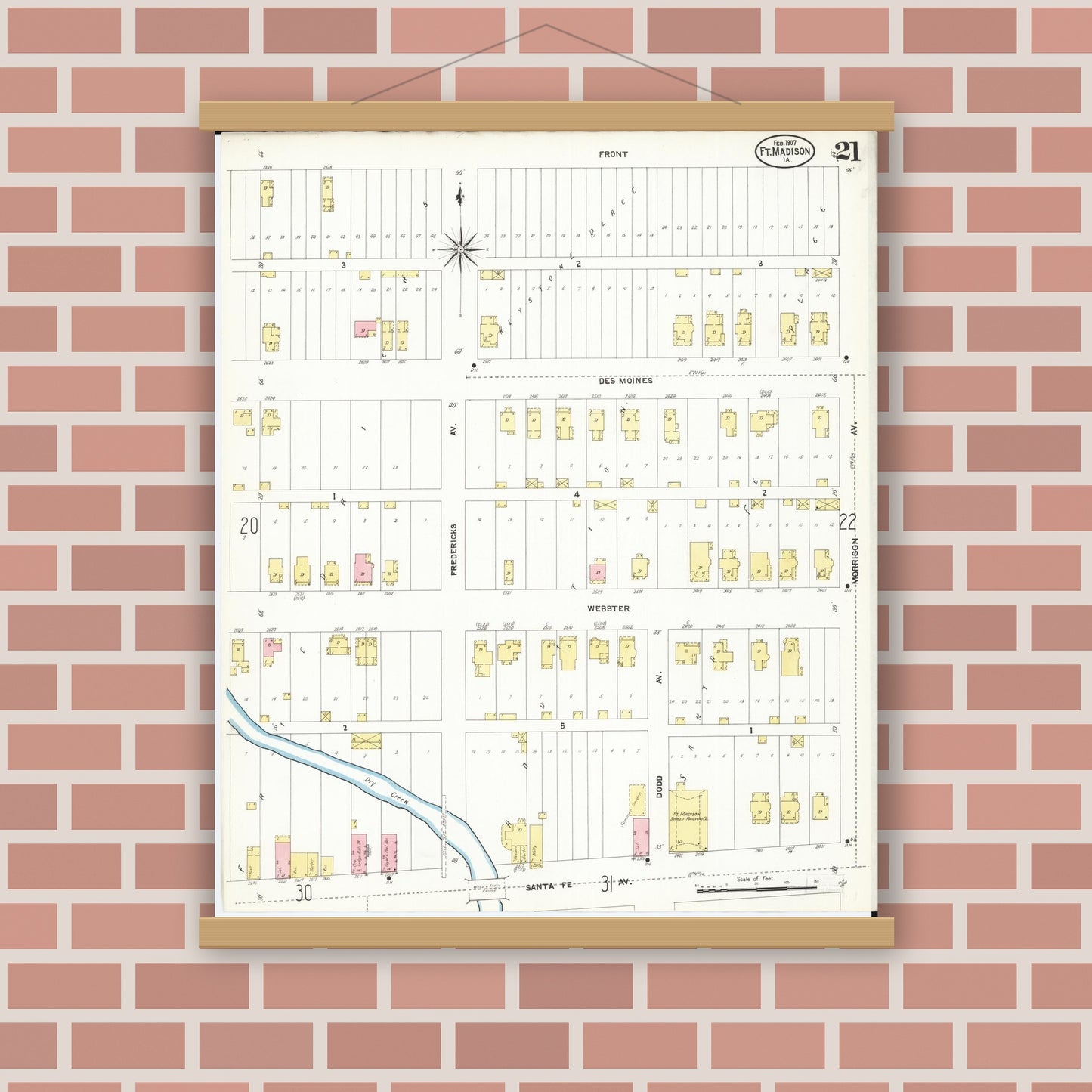 Old map wall art mockup — magnetic wood frame on brick wall — Sanborn Fire Insurance Map from Fort Madison, Lee County, Iowa (1907), Sheet #0021