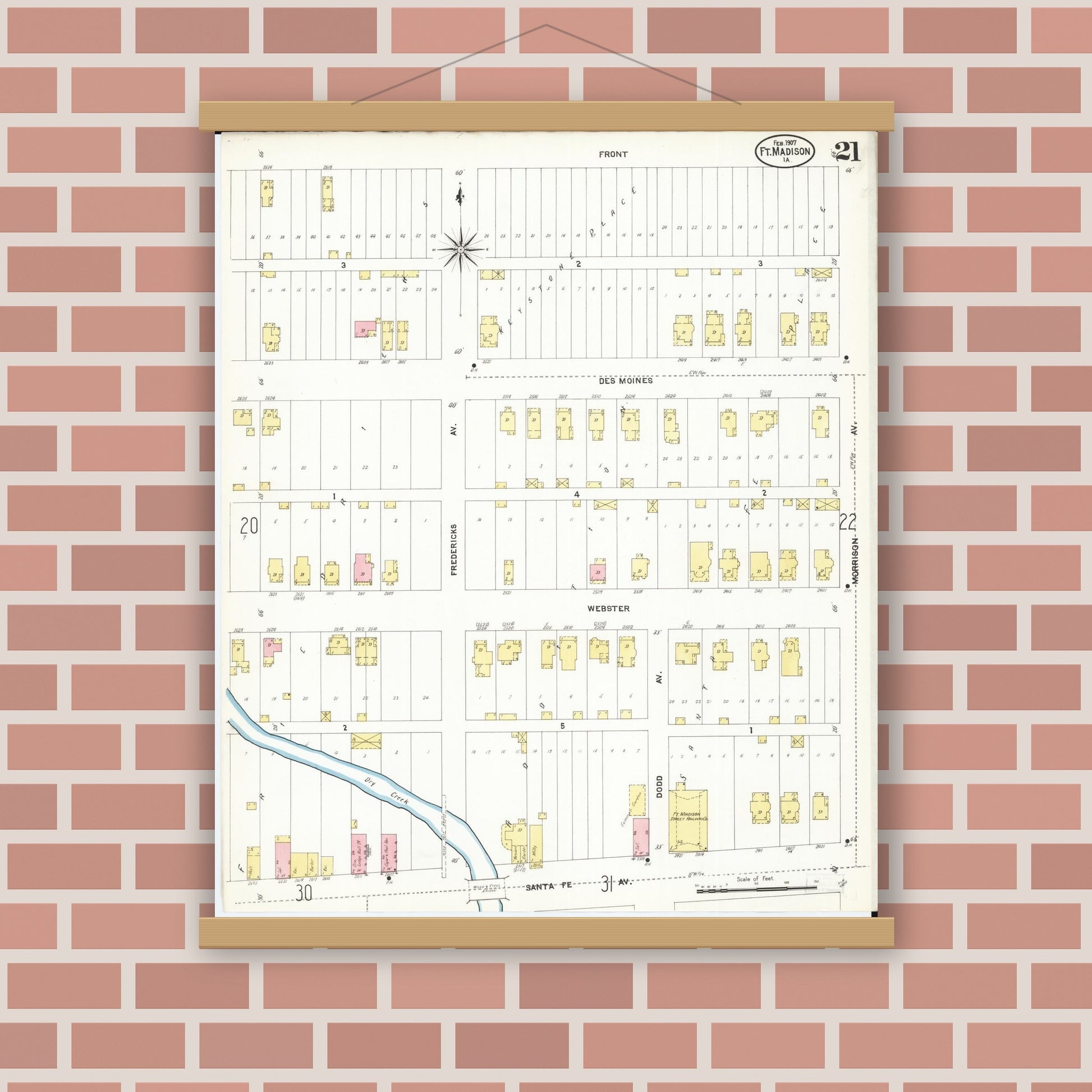 Old map wall art mockup — magnetic wood frame on brick wall — Sanborn Fire Insurance Map from Fort Madison, Lee County, Iowa (1907), Sheet #0021