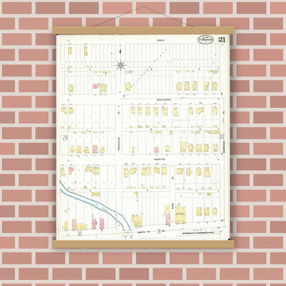 Old map wall art mockup — magnetic wood frame on brick wall — Sanborn Fire Insurance Map from Fort Madison, Lee County, Iowa (1907), Sheet #0021
